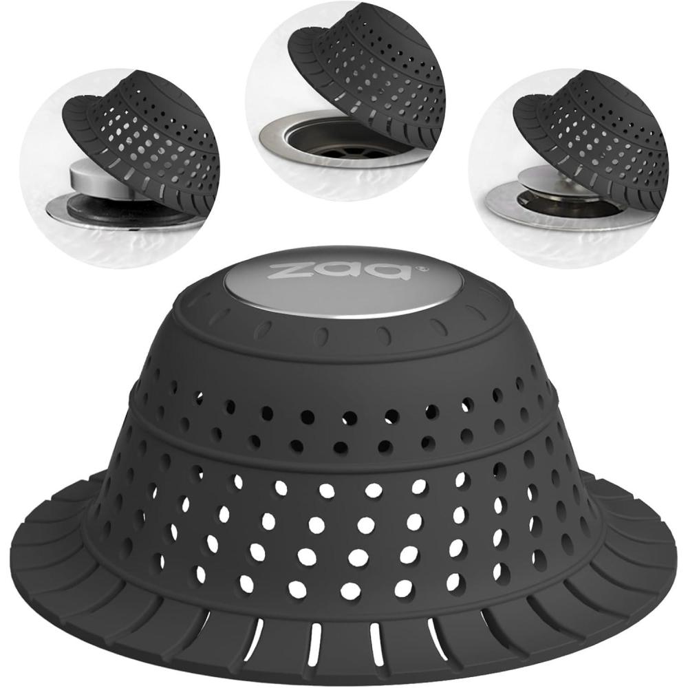 image:imagezaa Bathtub Drain Hair Catcher Silicone Collapsible 1 Pack Drain Protector for PopUp and Regular Drains of Shower Tub Bathroom Sink SnowWhiteCharcoal Black