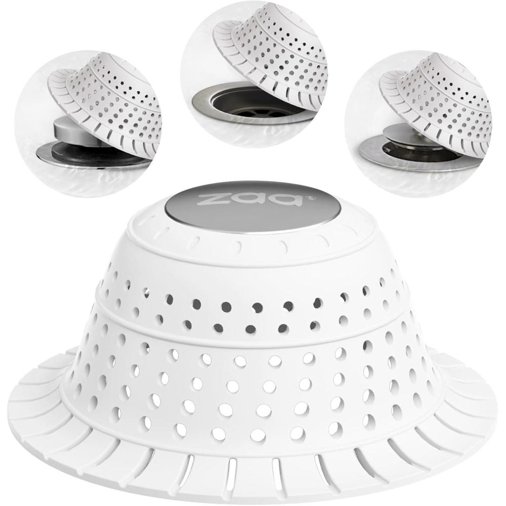 image:imagezaa Bathtub Drain Hair Catcher Silicone Collapsible 1 Pack Drain Protector for PopUp and Regular Drains of Shower Tub Bathroom Sink SnowWhiteSnow White