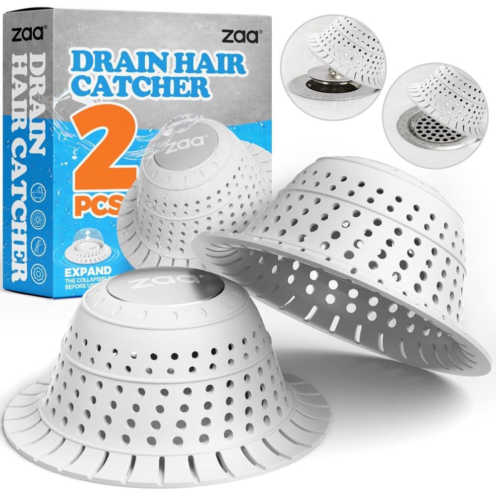 image:imagezaa Shower Drain Hair Catcher 2 Pack Silicone Collapsible Bathtub Drain Cover Dog Hair Catcher amp Protector for PopUp amp Regular Drains of Shower Bathtub Tub Bathroom Diameter 45White