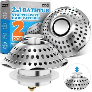 zaa 2Pack Drain Hair Catcher 2in1 Bathtub Drain Stopper with Pop-up Bathtub Drain Plug Anti-Clogged Tub Stopper Cover with Detachable Filter, 304 Stainless Steel & Brass for 1.46-2″ W Hole, Silver