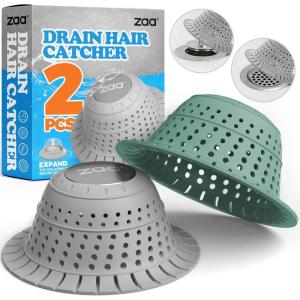 zaa Shower Drain Hair Catcher, 2 Pack Silicone Collapsible Bathtub Drain Cover Dog Hair Catcher & Protector for Pop-Up & Regular Drains of Shower, Bathtub, Tub, Bathroom, Diameter 4.5″(Gray Green)