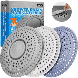zaa Shower Drain Hair Catcher, 3 Pack Premium Silicone Drain Protector & Shower Drain Cover for Flat Drains of Shower Room, Bathroom, Utility Sink, Gray White Blue