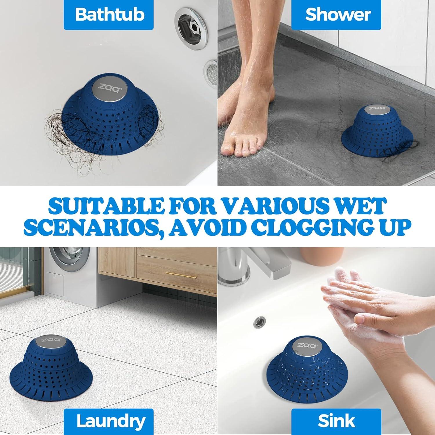 image:imagezaa Bathtub Drain Hair Catcher Green Silicone Collapsible Drain Protector for PopUp and Regular Drains of Shower Bathtub Tub Bathroom SinkDark Blue
