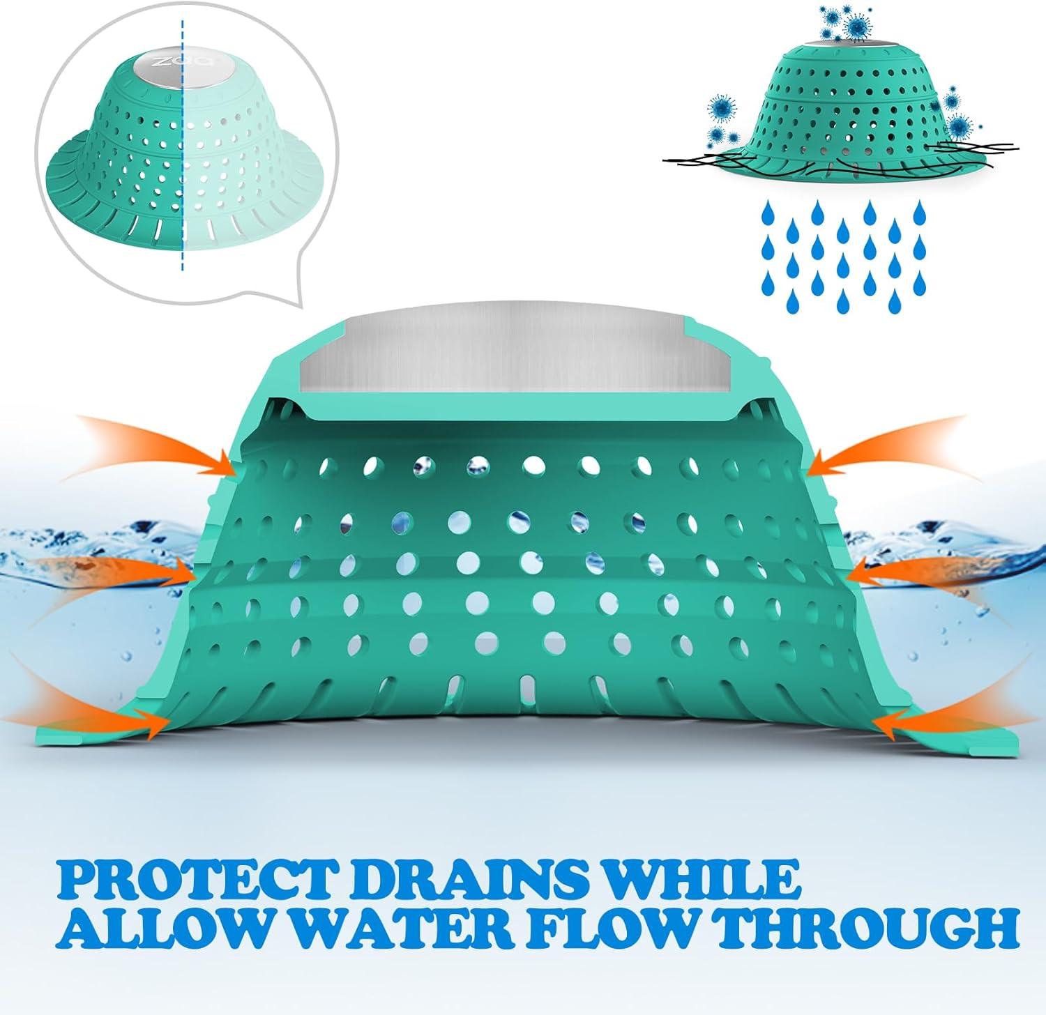 image:imagezaa Bathtub Drain Hair Catcher Green Silicone Collapsible Drain Protector for PopUp and Regular Drains of Shower Bathtub Tub Bathroom SinkMint Green