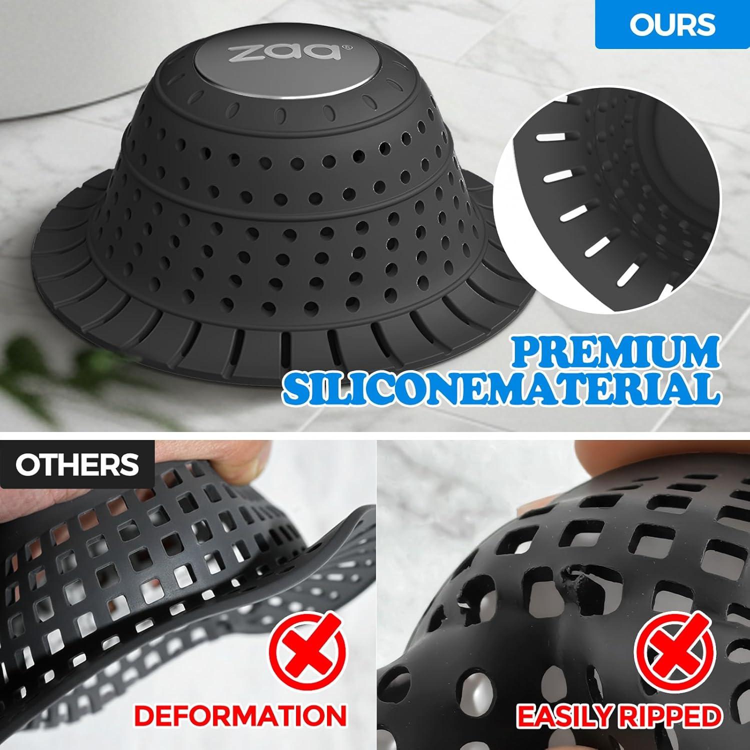 image:imagezaa Bathtub Drain Hair Catcher Silicone Collapsible 1 Pack Drain Protector for PopUp and Regular Drains of Shower Tub Bathroom Sink SnowWhiteCharcoal Black