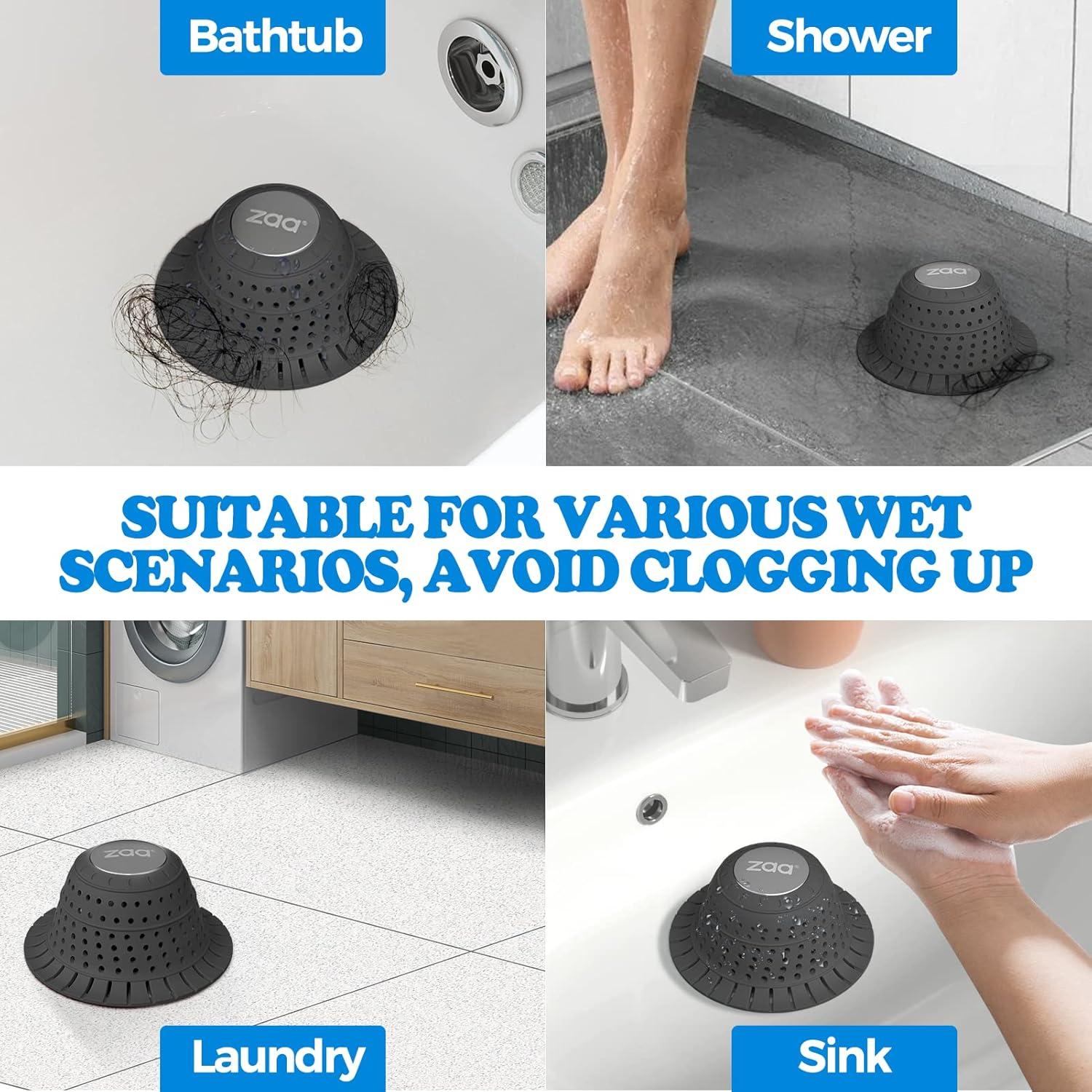image:imagezaa Shower Drain Hair Catcher 2 Pack Silicone Collapsible Bathtub Drain Cover Dog Hair Catcher amp Protector for PopUp amp Regular Drains of Shower Bathtub Tub Bathroom Diameter 45Gray Black