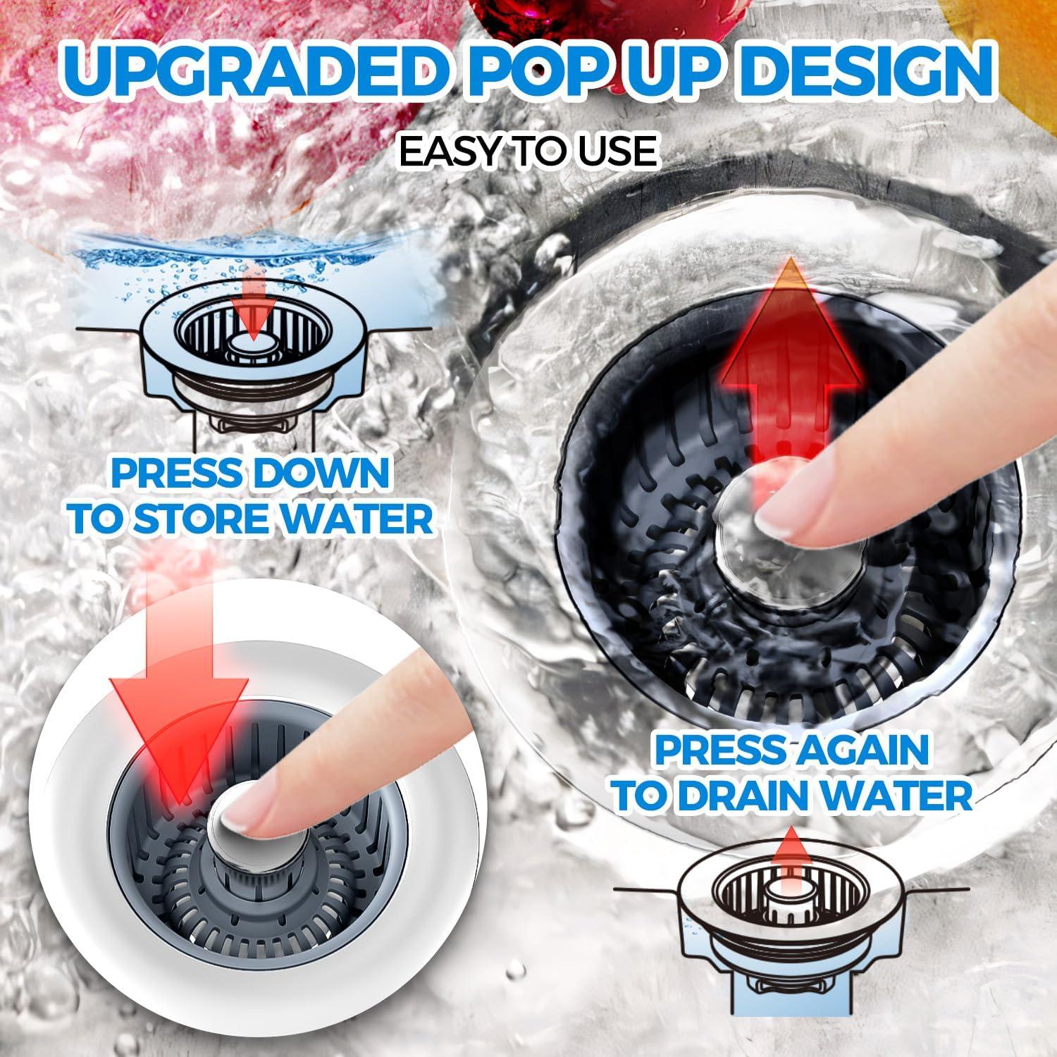 image:imageSink Drain Strainer Brushed Black Kitchen Sink Stopper 3 in 1 Stainless Steel PopUp Drain Plug with AntiClog Basket Matte Black Cover Fits Standard 312 Kitchen Sink DrainsSilver