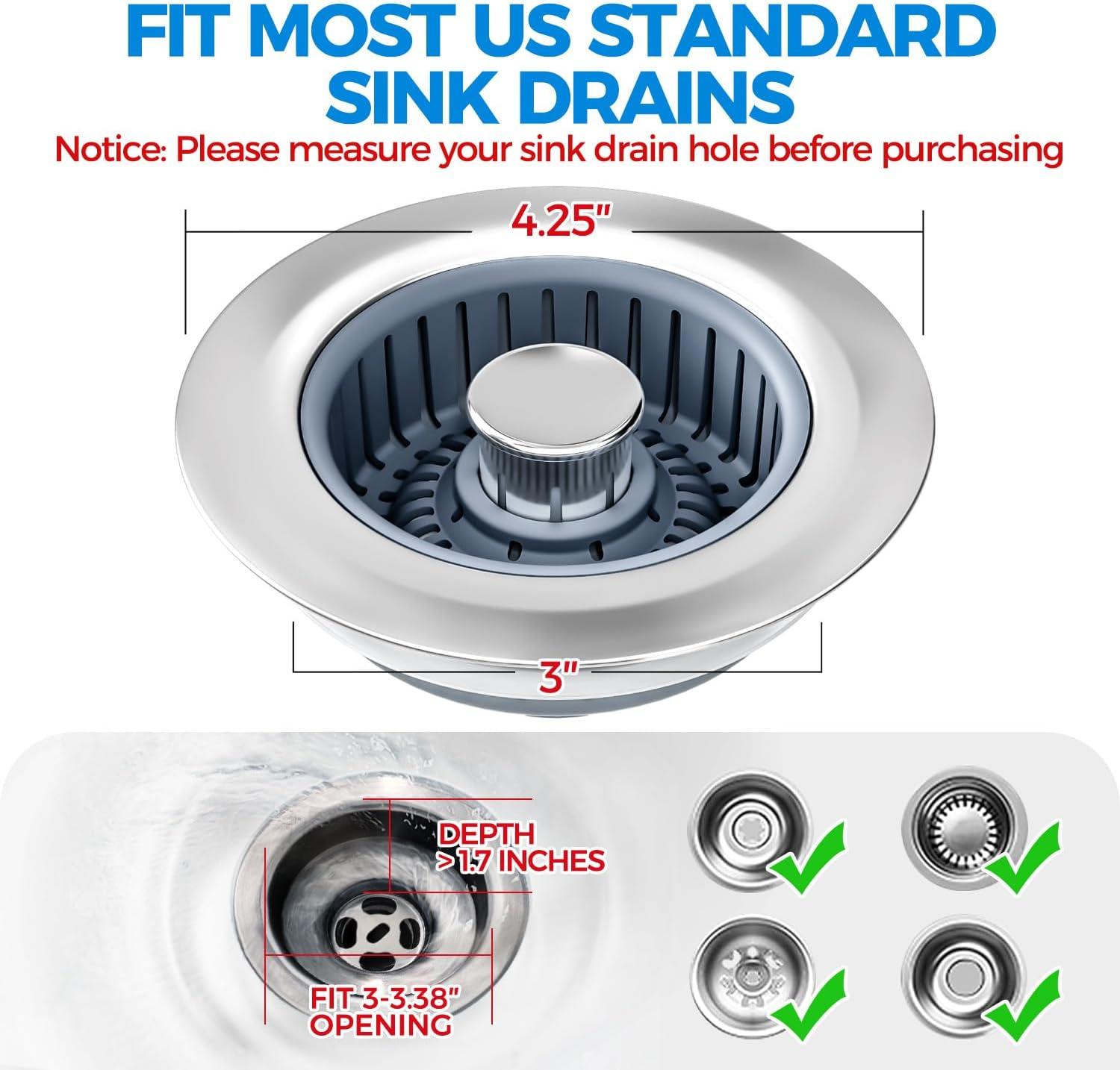 image:imageSink Drain Strainer Brushed Black Kitchen Sink Stopper 3 in 1 Stainless Steel PopUp Drain Plug with AntiClog Basket Matte Black Cover Fits Standard 312 Kitchen Sink DrainsSilver