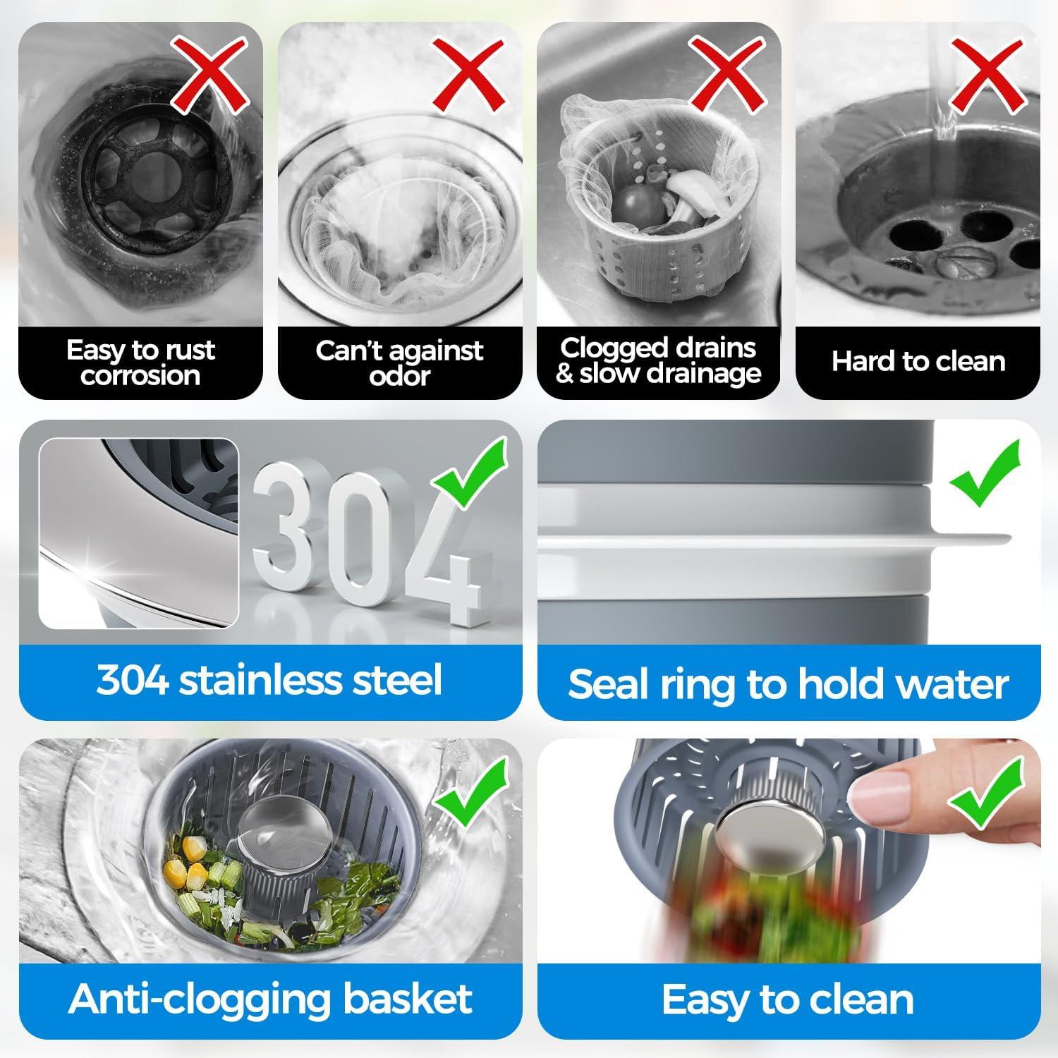 image:imageSink Drain Strainer Brushed Black Kitchen Sink Stopper 3 in 1 Stainless Steel PopUp Drain Plug with AntiClog Basket Matte Black Cover Fits Standard 312 Kitchen Sink DrainsSilver