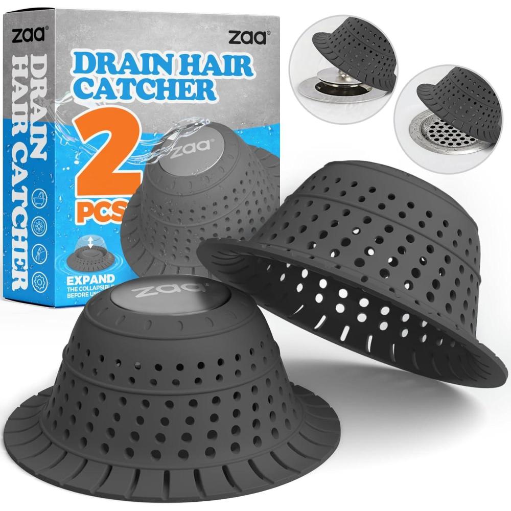 image:imagezaa Bathtub Drain Hair Catcher Silicone Collapsible 2 Pack Drain Protector for PopUp and Regular Drains of Shower Bathtub Tub Bathroom Sink Black