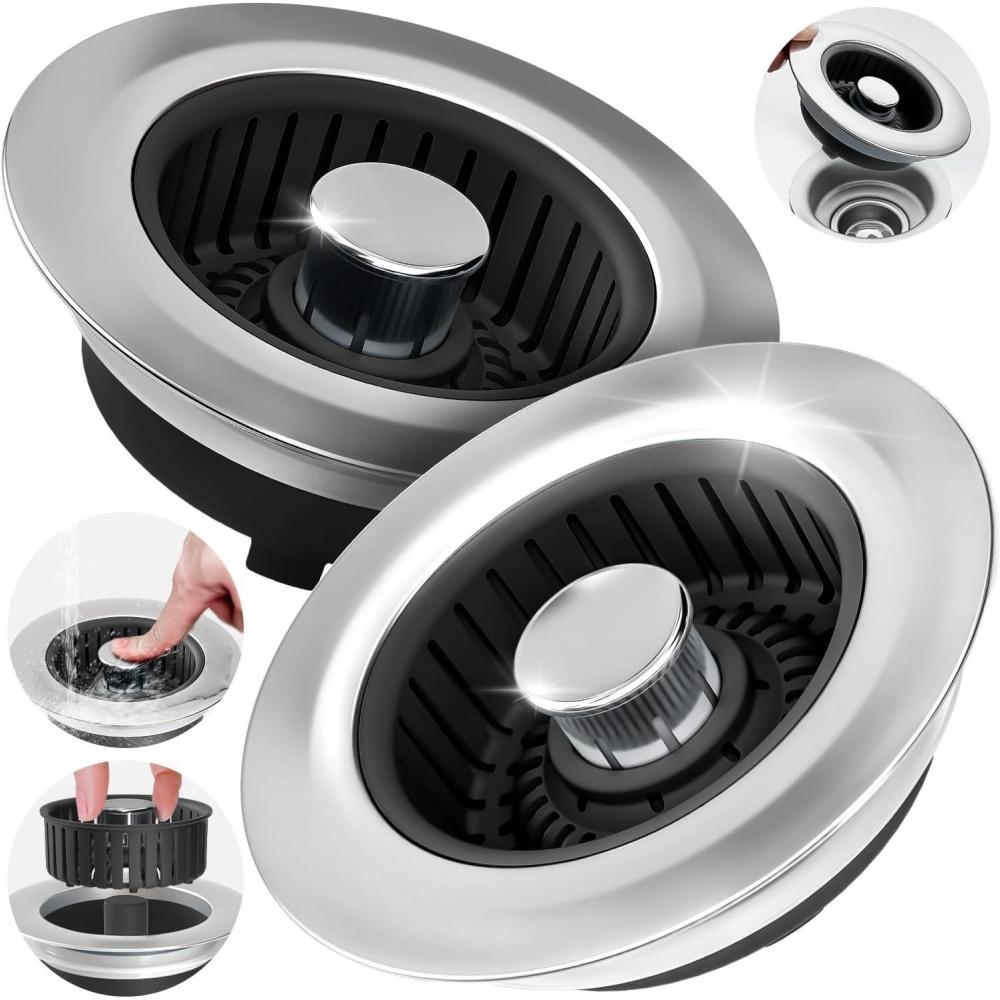 image:imagezaa Sink Drain Strainer 3 in 1 Kitchen Sink Stopper Stainless Steel Kitchen Drain Plug amp Cover with AntiClogging Basket Strainer Fit US Standard 312 Sink Drain Hole Brushed BlackBlack Black