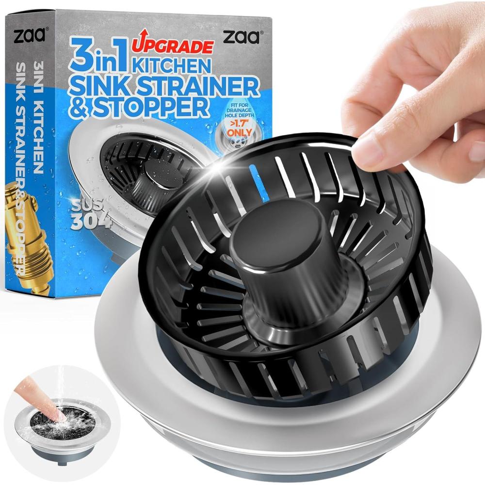 image:imagezaa Sink Drain Strainer 3 in 1 Kitchen Sink Stopper Stainless Steel Kitchen Drain Plug amp Cover with AntiClogging Basket Strainer Fit US Standard 312 Sink Drain Hole Brushed BlackBrushed Black