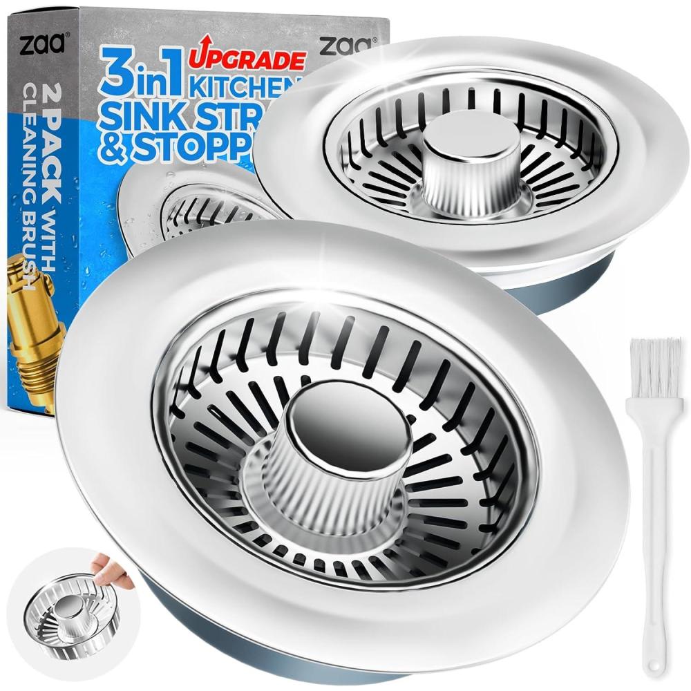 image:imagezaa Sink Drain Strainer  3 in 1 Kitchen Sink Stopper Stainless Steel Kitchen Drain Plug amp Cover with AntiClogging Basket Strainer Fit US Standard 312 Sink Drain Hole Brushed BlackChrome Silver