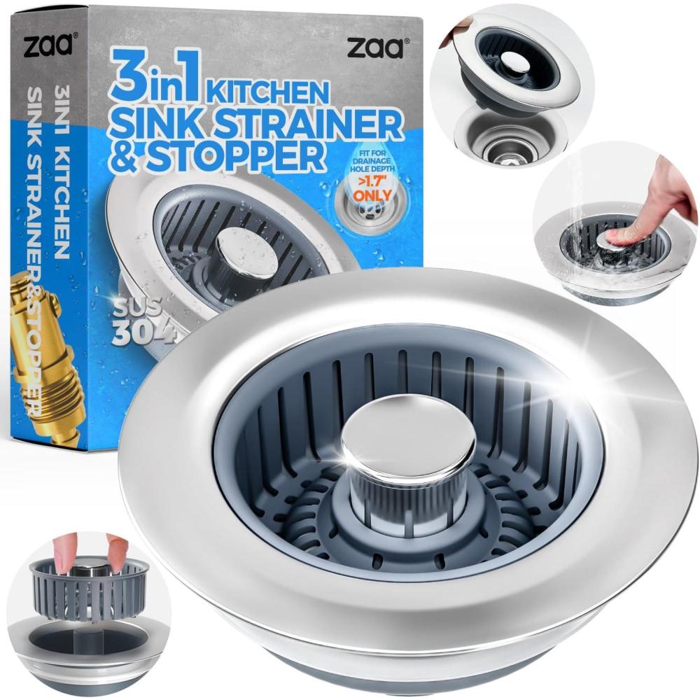 image:imagezaa Sink Drain Strainer  3 in 1 Kitchen Sink Stopper Stainless Steel Kitchen Drain Plug amp Cover with AntiClogging Basket Strainer Fit US Standard 312 Sink Drain Hole Brushed BlackSilver
