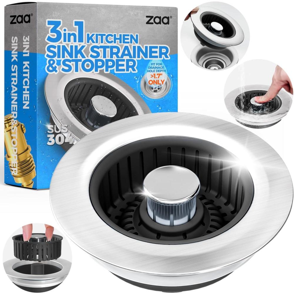 image:imagezaa Sink Drain Strainer 3 in 1 Kitchen Sink Stopper Stainless Steel Kitchen Drain Plug amp Cover with AntiClogging Basket Strainer Fit US Standard 312 Sink Drain Hole Brushed BlackBlack