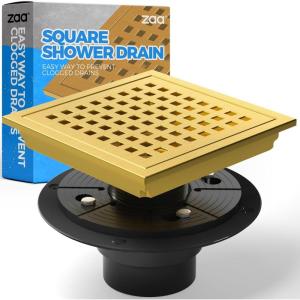 zaa 6 Inch Square Shower Drain, Bathroom Floor Drain, 304 Stainless Steel Shower Floor Drain Kit with Flange, Removable Shower Drain Grate with Hair Strainer, Gold