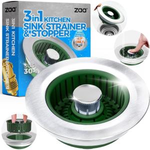 zaa Sink Drain Strainer – 3 in 1 Kitchen Sink Stopper, Stainless Steel Kitchen Drain Plug & Cover with Anti-Clogging Basket Strainer, Fit US Standard 3-1/2” Sink Drain Hole, Brushed Black(Olivegreen)