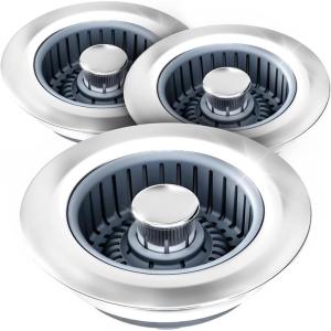 zaa Sink Drain Strainer – 3 in 1 Kitchen Sink Stopper, Stainless Steel Kitchen Drain Plug & Cover with Anti-Clogging Basket Strainer, Fit US Standard 3-1/2” Sink Drain Hole, Brushed Black(Silver Silver Silver)