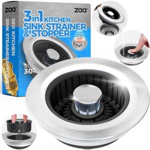 zaa Sink Drain Strainer – 3 in 1 Kitchen Sink Stopper, Stainless Steel Kitchen Drain Plug & Cover with Anti-Clogging Basket Strainer, Fit US Standard 3-1/2” Sink Drain Hole, Brushed Black(Black)