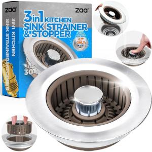 zaa Sink Drain Strainer – 3 in 1 Kitchen Sink Stopper, Stainless Steel Kitchen Drain Plug & Cover with Anti-Clogging Basket Strainer, Fit US Standard 3-1/2” Sink Drain Hole, Brushed Black(Brown)