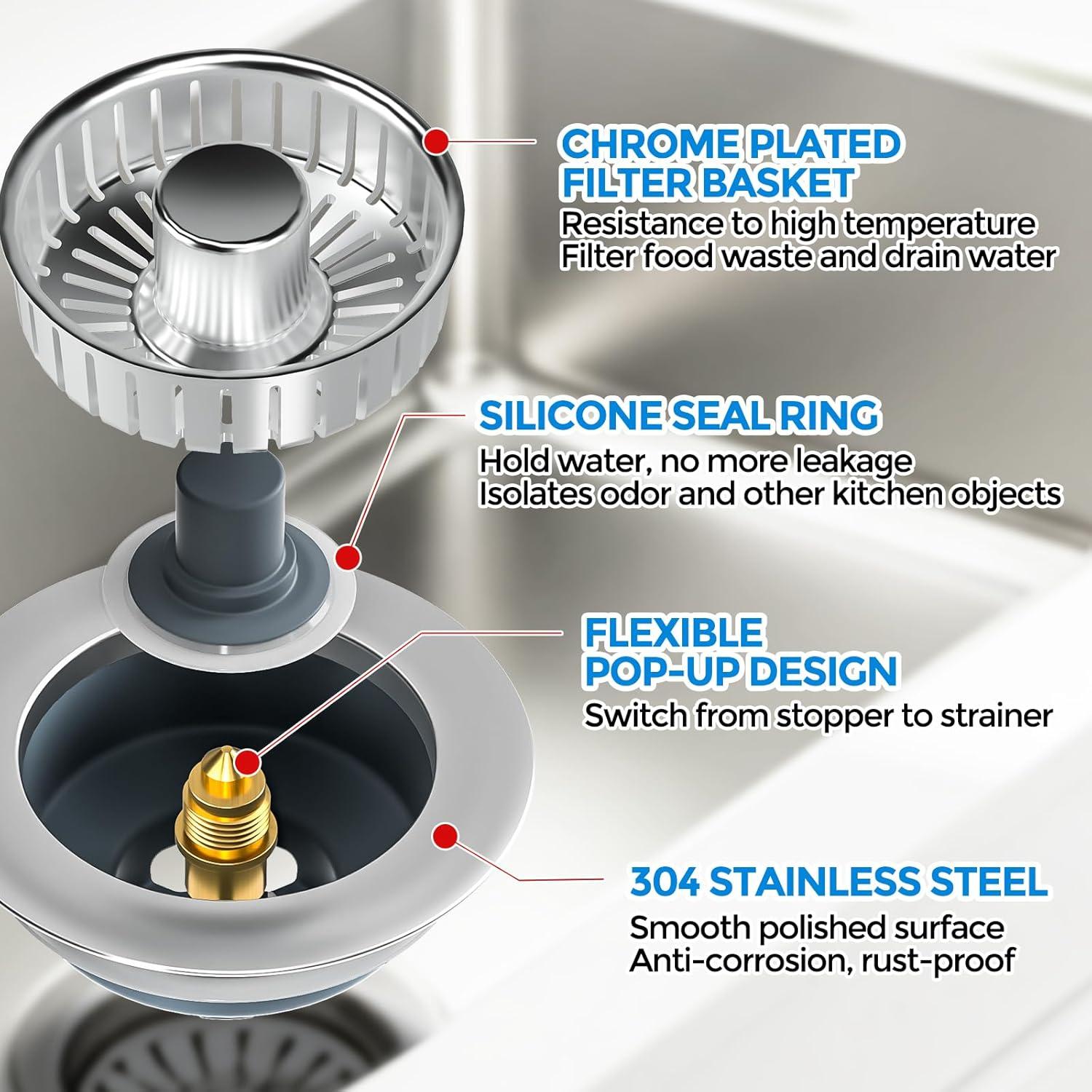 image:imagezaa Sink Drain Strainer 3 in 1 Kitchen Sink Stopper Stainless Steel Kitchen Drain Plug amp Cover with AntiClogging Basket Strainer Fit US Standard 312 Sink Drain Hole Brushed BlackChrome Silver