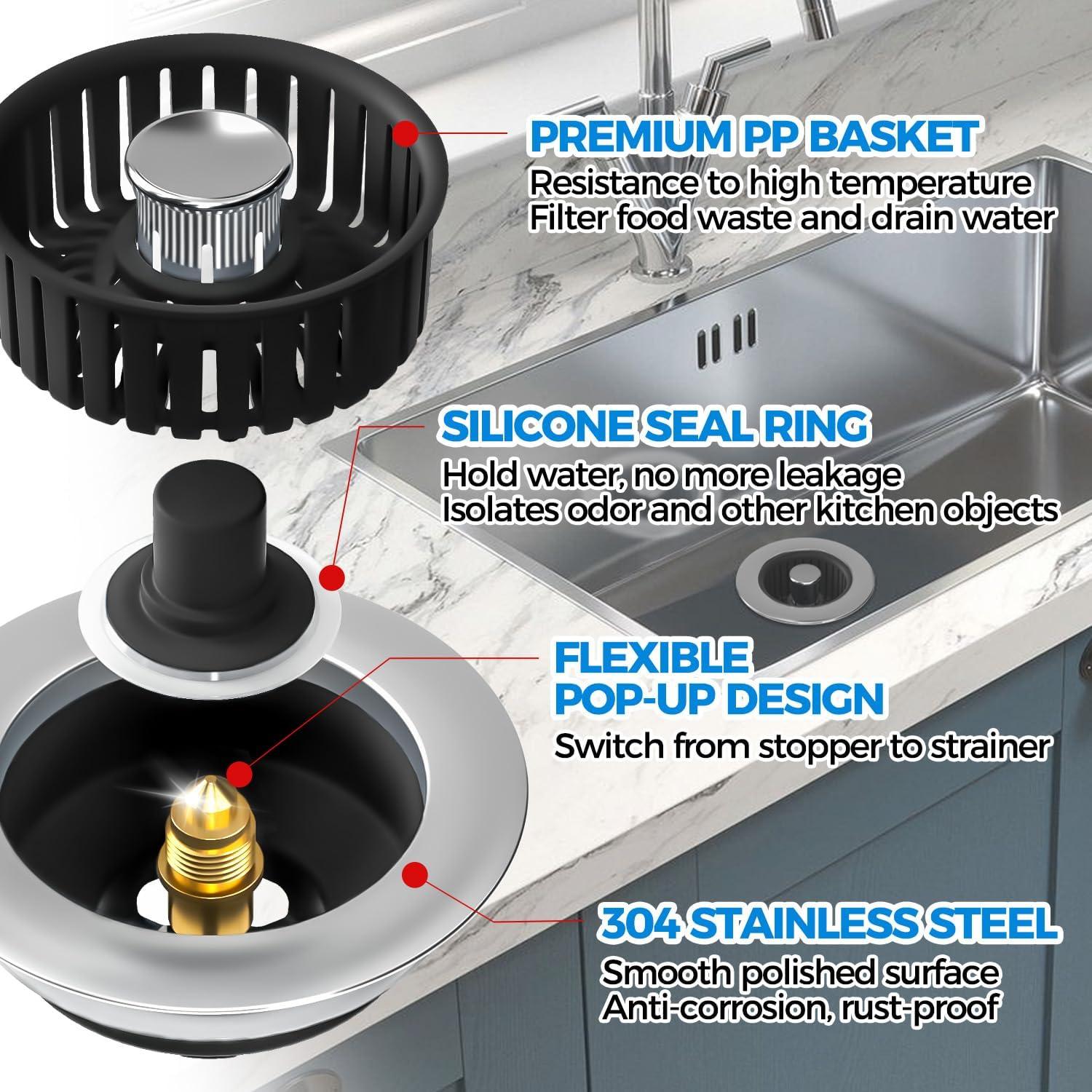 image:imagezaa Sink Drain Strainer 3 in 1 Kitchen Sink Stopper Stainless Steel Kitchen Drain Plug amp Cover with AntiClogging Basket Strainer Fit US Standard 312 Sink Drain Hole Brushed BlackBlack Black