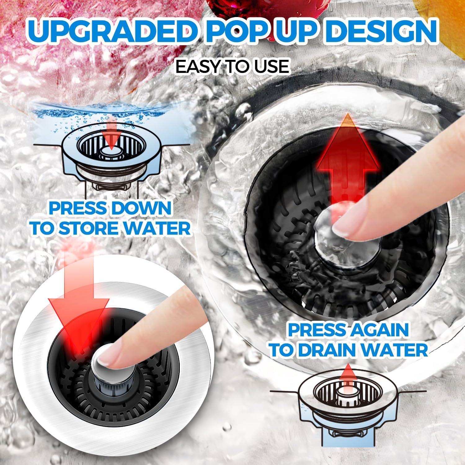 image:imagezaa Sink Drain Strainer 3 in 1 Kitchen Sink Stopper Stainless Steel Kitchen Drain Plug amp Cover with AntiClogging Basket Strainer Fit US Standard 312 Sink Drain Hole Brushed BlackBlack