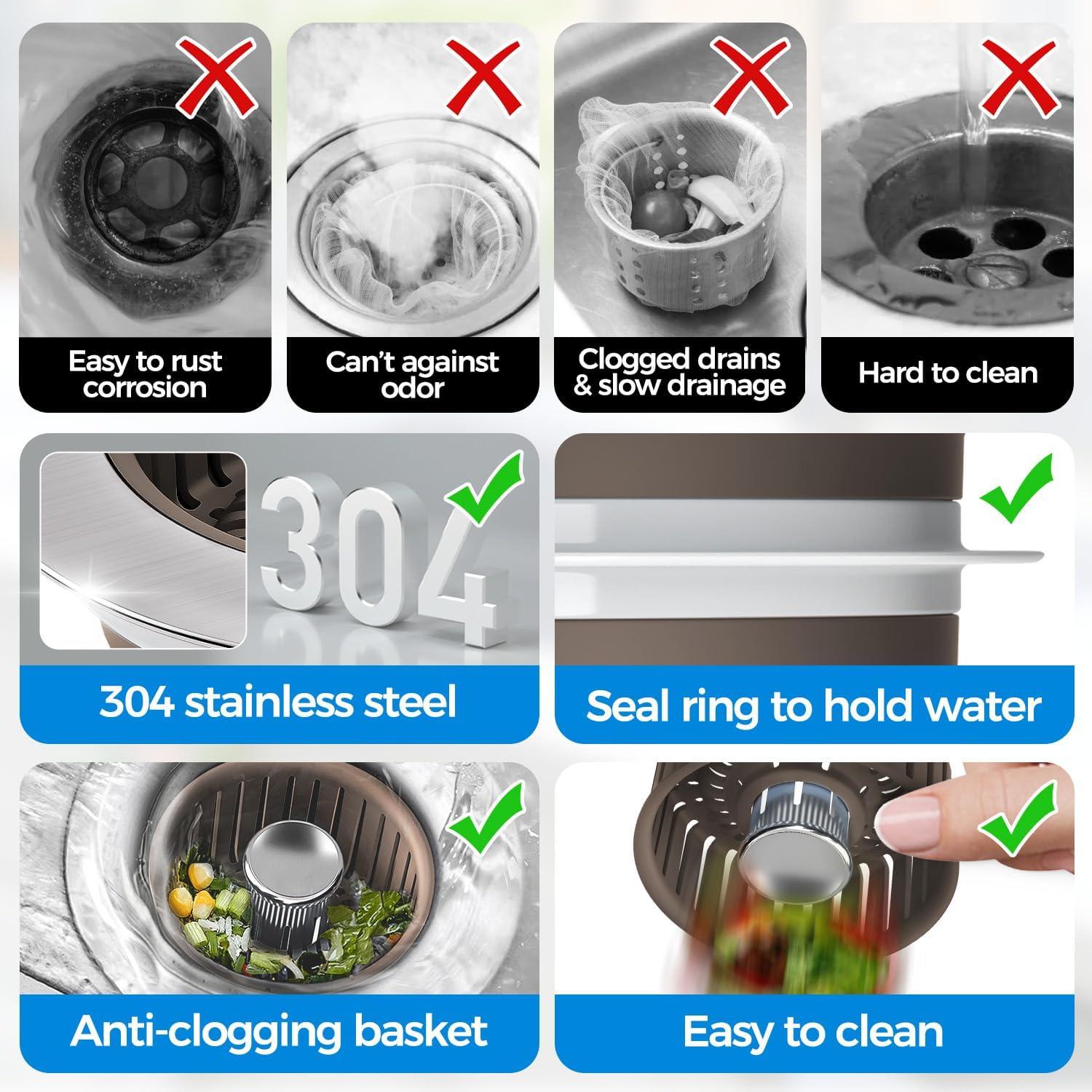 image:imagezaa Sink Drain Strainer 3 in 1 Kitchen Sink Stopper Stainless Steel Kitchen Drain Plug amp Cover with AntiClogging Basket Strainer Fit US Standard 312 Sink Drain Hole Brushed BlackBrown