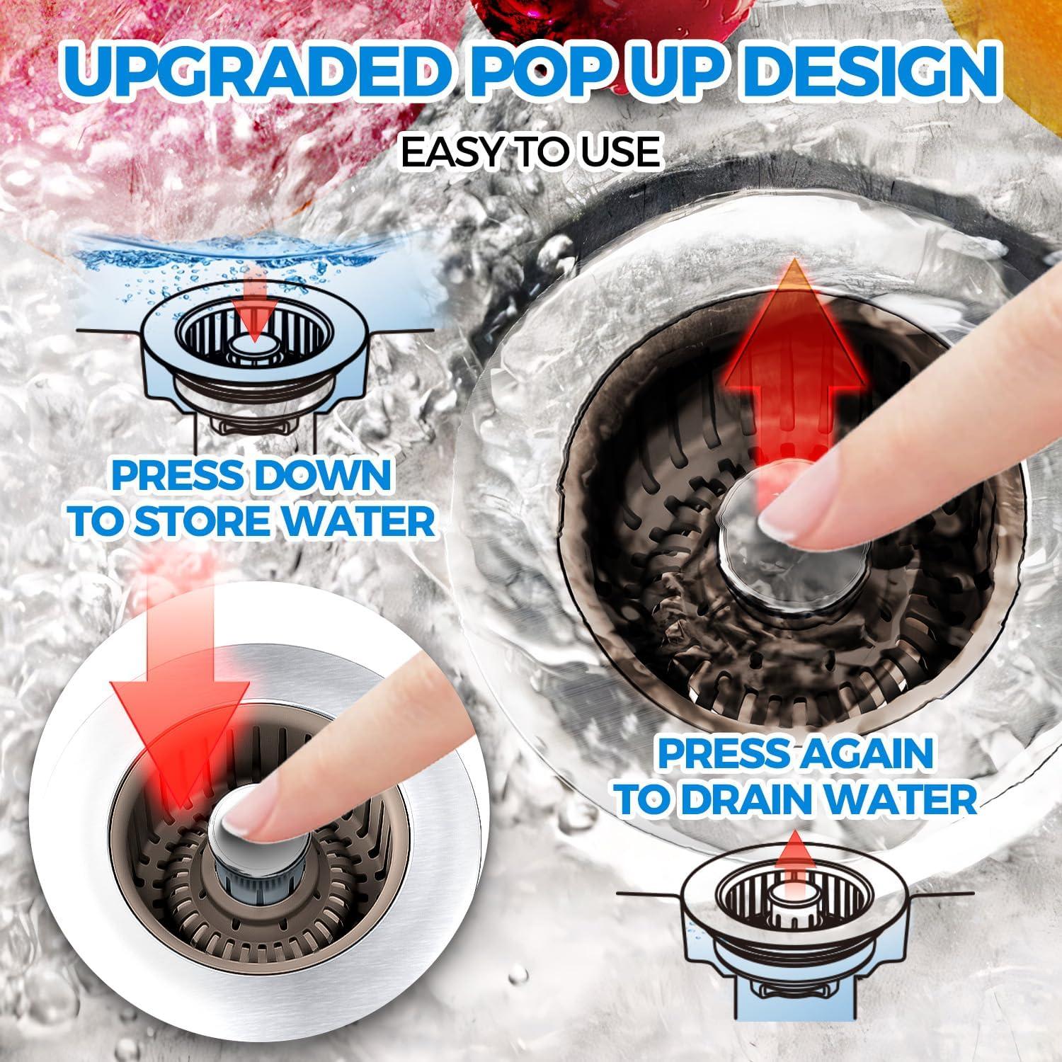 image:imagezaa Sink Drain Strainer 3 in 1 Kitchen Sink Stopper Stainless Steel Kitchen Drain Plug amp Cover with AntiClogging Basket Strainer Fit US Standard 312 Sink Drain Hole Brushed BlackBrown