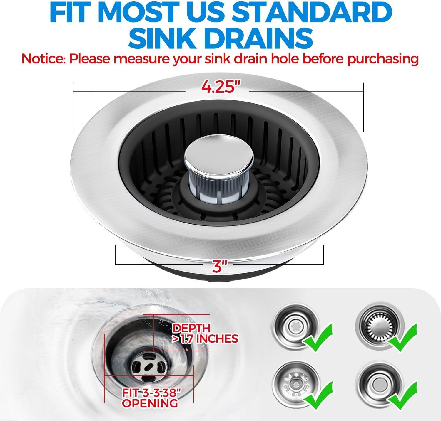image:imagezaa Sink Drain Strainer 3 in 1 Kitchen Sink Stopper Stainless Steel Kitchen Drain Plug amp Cover with AntiClogging Basket Strainer Fit US Standard 312 Sink Drain Hole Brushed BlackBlack