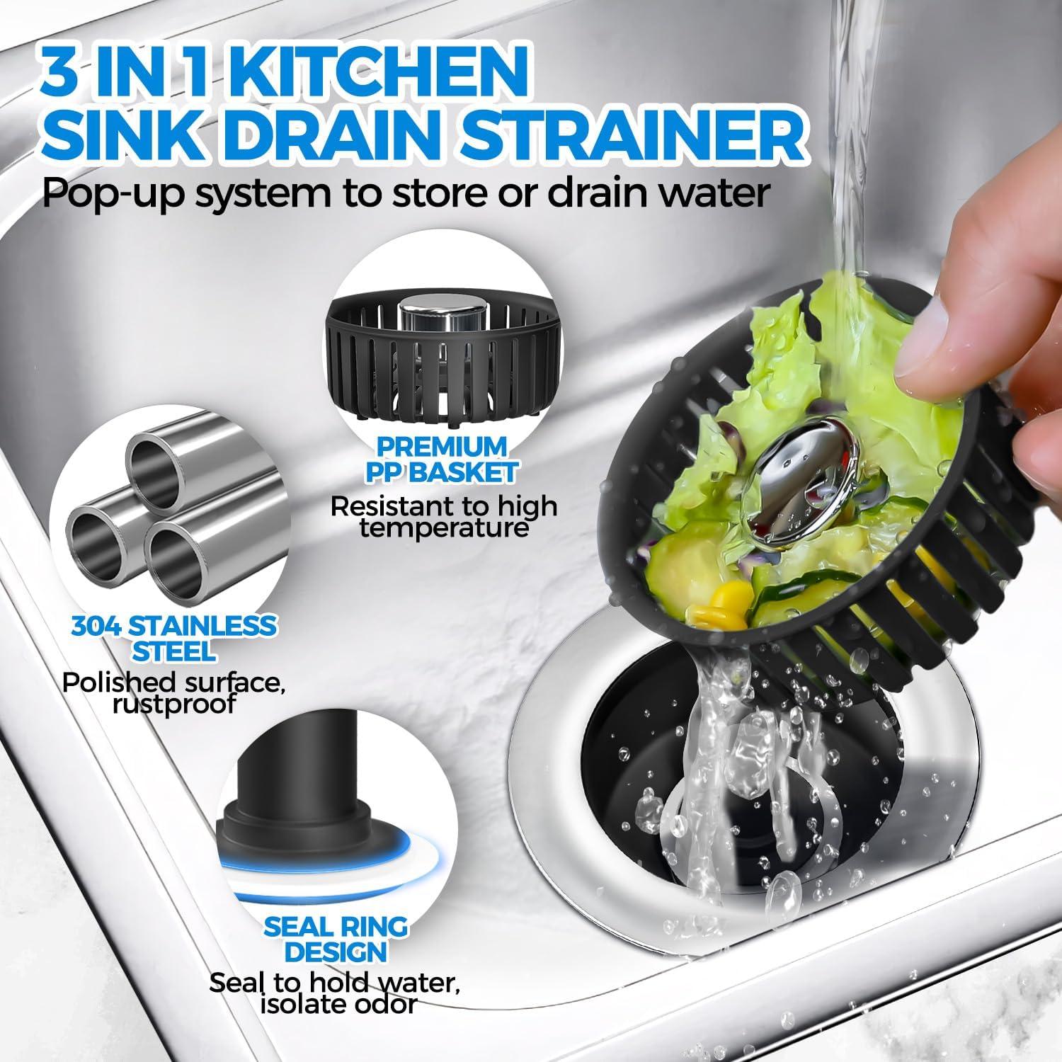 image:imagezaa Sink Drain Strainer 3 in 1 Kitchen Sink Stopper Stainless Steel Kitchen Drain Plug amp Cover with AntiClogging Basket Strainer Fit US Standard 312 Sink Drain Hole Brushed BlackBlack Black