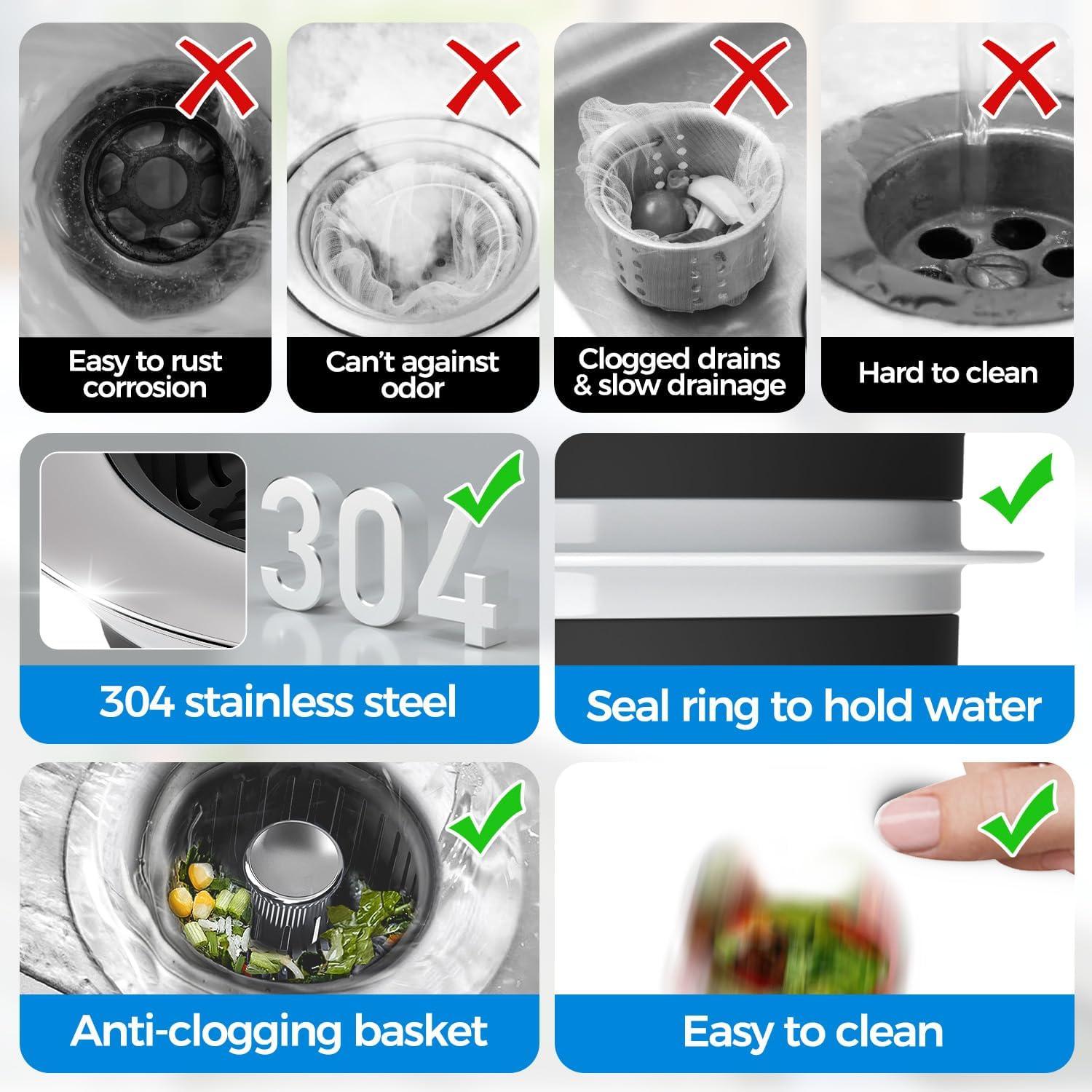 image:imagezaa Sink Drain Strainer 3 in 1 Kitchen Sink Stopper Stainless Steel Kitchen Drain Plug amp Cover with AntiClogging Basket Strainer Fit US Standard 312 Sink Drain Hole Brushed BlackBlack Black