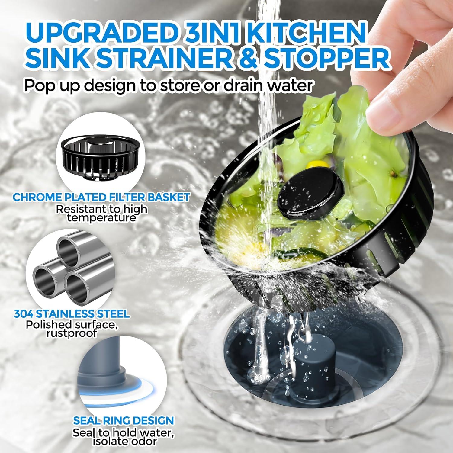 image:imagezaa Sink Drain Strainer 3 in 1 Kitchen Sink Stopper Stainless Steel Kitchen Drain Plug amp Cover with AntiClogging Basket Strainer Fit US Standard 312 Sink Drain Hole Brushed BlackBrushed Black