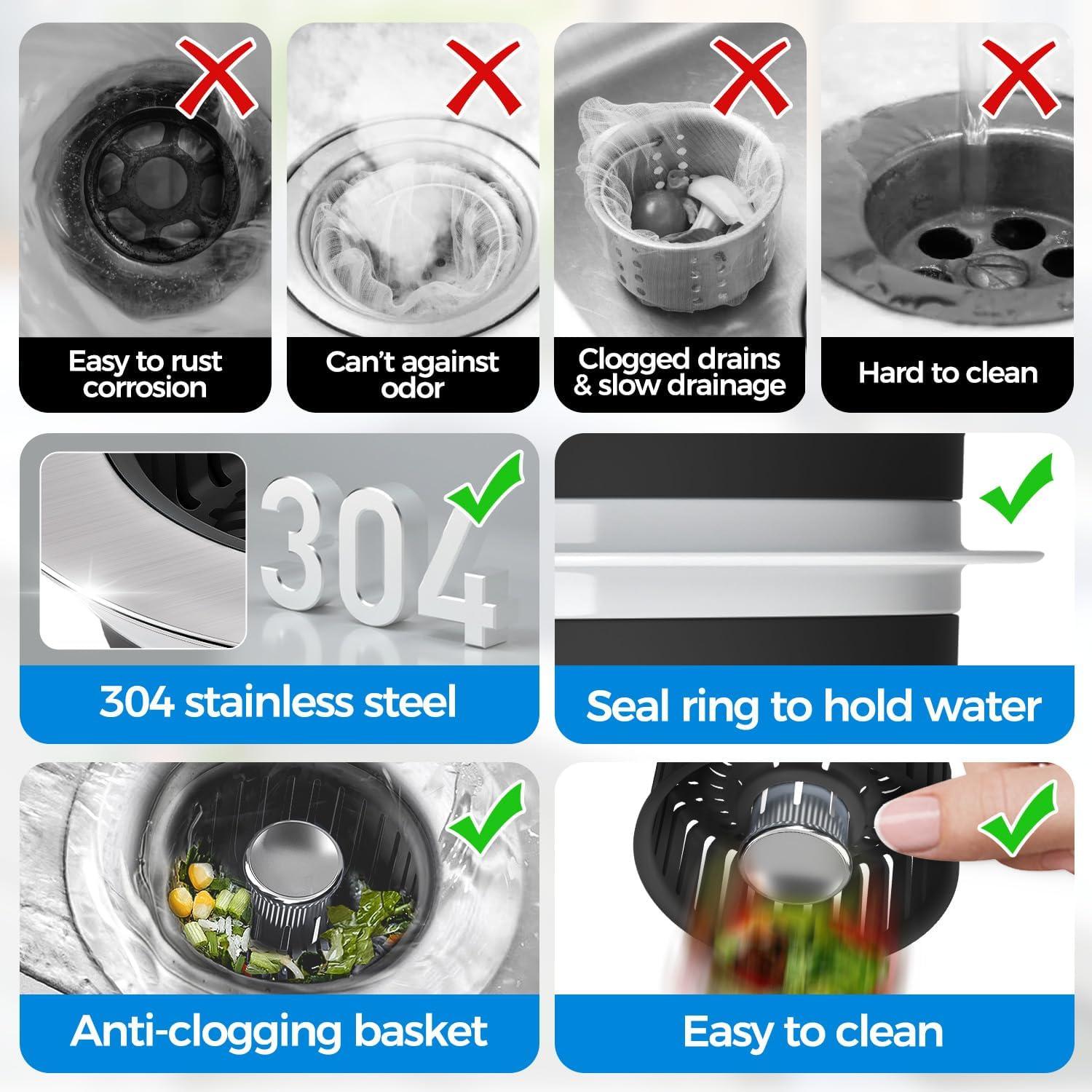 image:imagezaa Sink Drain Strainer 3 in 1 Kitchen Sink Stopper Stainless Steel Kitchen Drain Plug amp Cover with AntiClogging Basket Strainer Fit US Standard 312 Sink Drain Hole Brushed BlackBlack