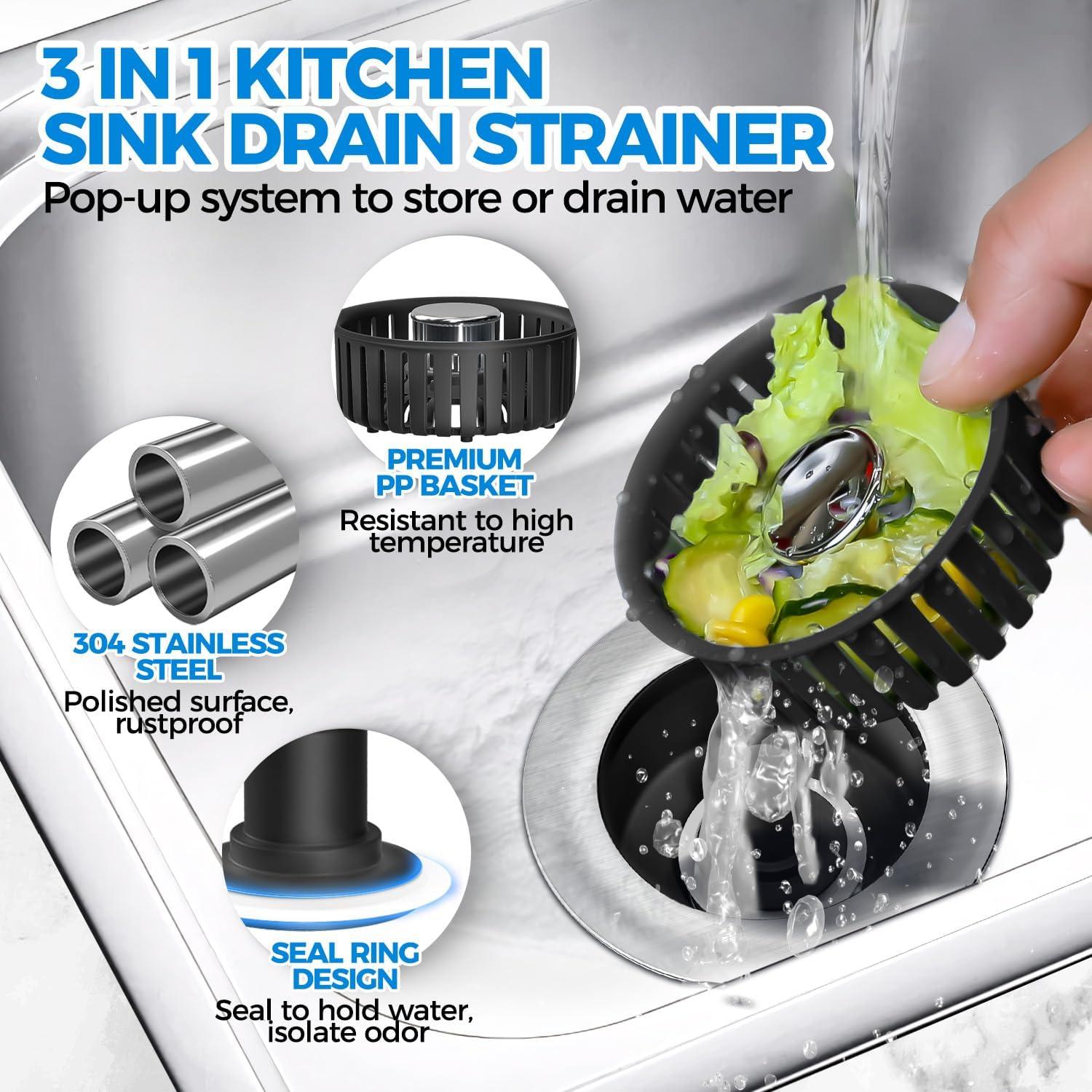 image:imagezaa Sink Drain Strainer 3 in 1 Kitchen Sink Stopper Stainless Steel Kitchen Drain Plug amp Cover with AntiClogging Basket Strainer Fit US Standard 312 Sink Drain Hole Brushed BlackBlack