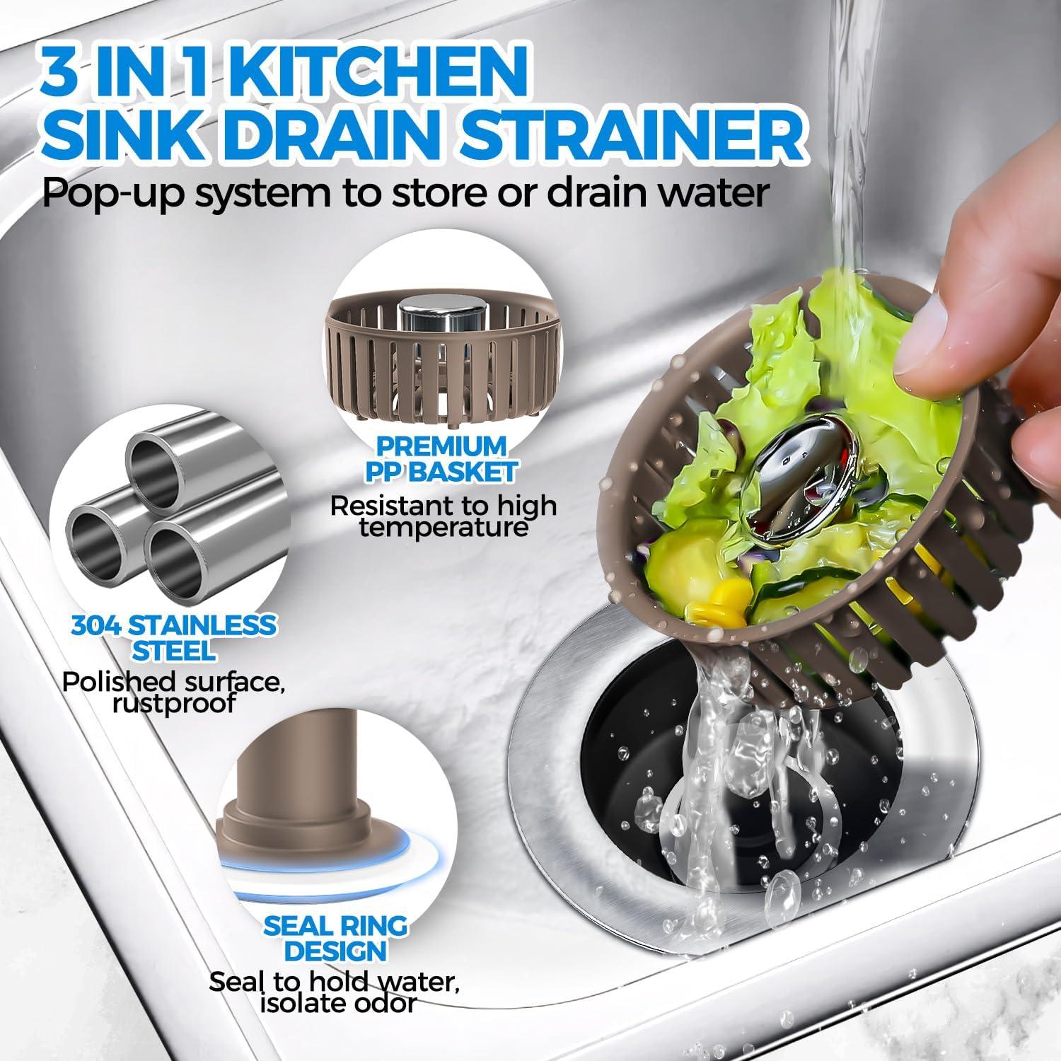 image:imagezaa Sink Drain Strainer 3 in 1 Kitchen Sink Stopper Stainless Steel Kitchen Drain Plug amp Cover with AntiClogging Basket Strainer Fit US Standard 312 Sink Drain Hole Brushed BlackBrown