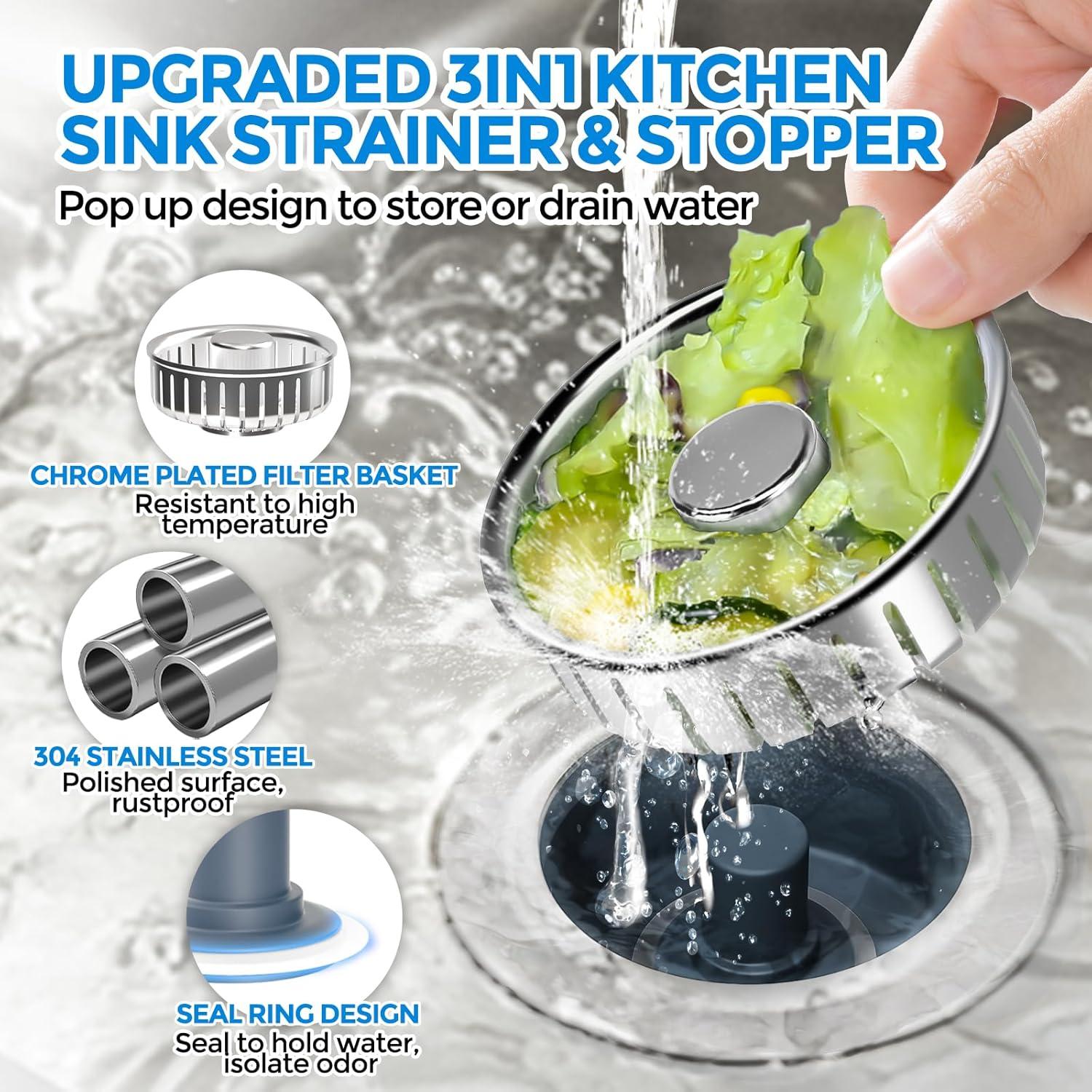 image:imagezaa Sink Drain Strainer 3 in 1 Kitchen Sink Stopper Stainless Steel Kitchen Drain Plug amp Cover with AntiClogging Basket Strainer Fit US Standard 312 Sink Drain Hole Brushed BlackChrome Silver