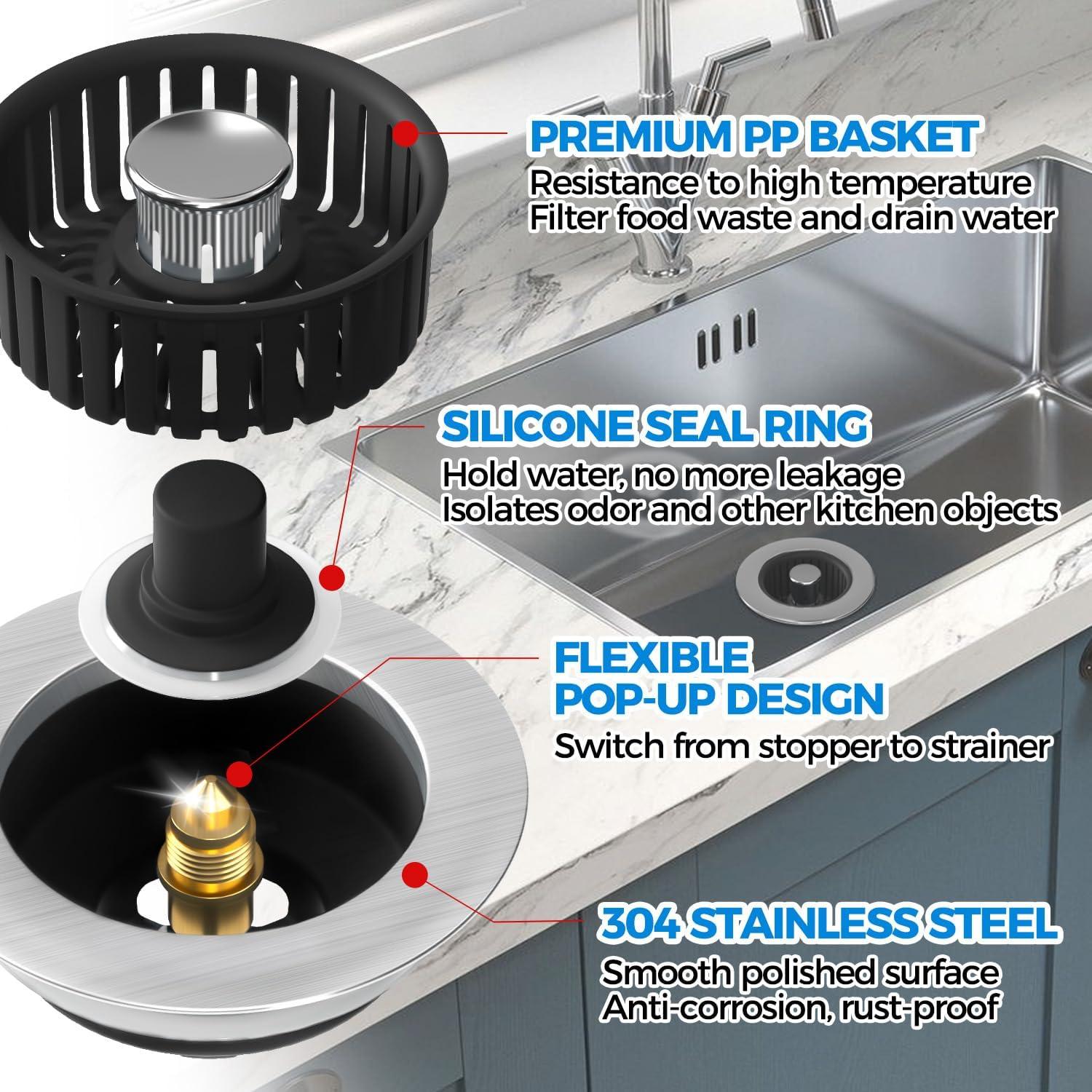 image:imagezaa Sink Drain Strainer 3 in 1 Kitchen Sink Stopper Stainless Steel Kitchen Drain Plug amp Cover with AntiClogging Basket Strainer Fit US Standard 312 Sink Drain Hole Brushed BlackBlack