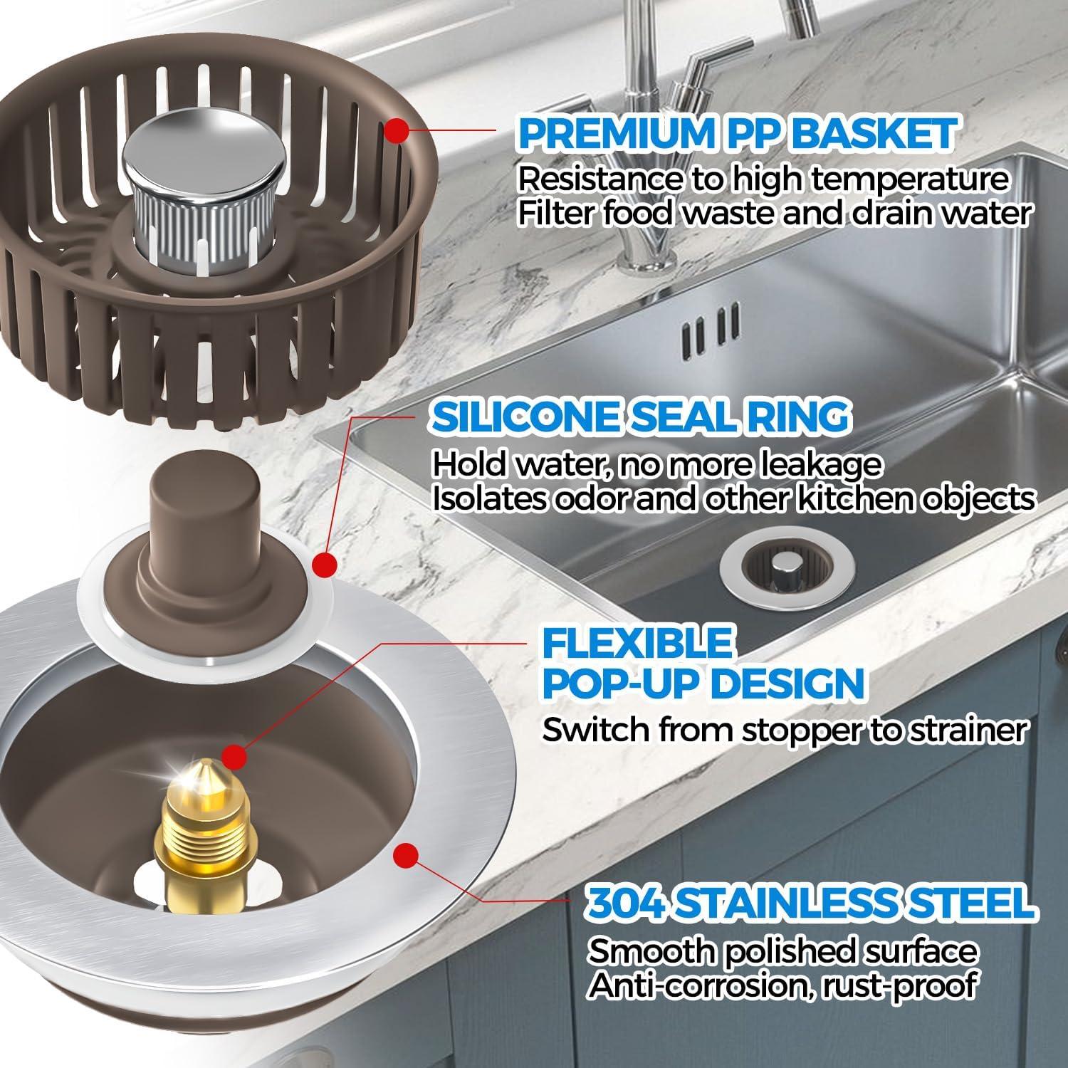image:imagezaa Sink Drain Strainer 3 in 1 Kitchen Sink Stopper Stainless Steel Kitchen Drain Plug amp Cover with AntiClogging Basket Strainer Fit US Standard 312 Sink Drain Hole Brushed BlackBrown