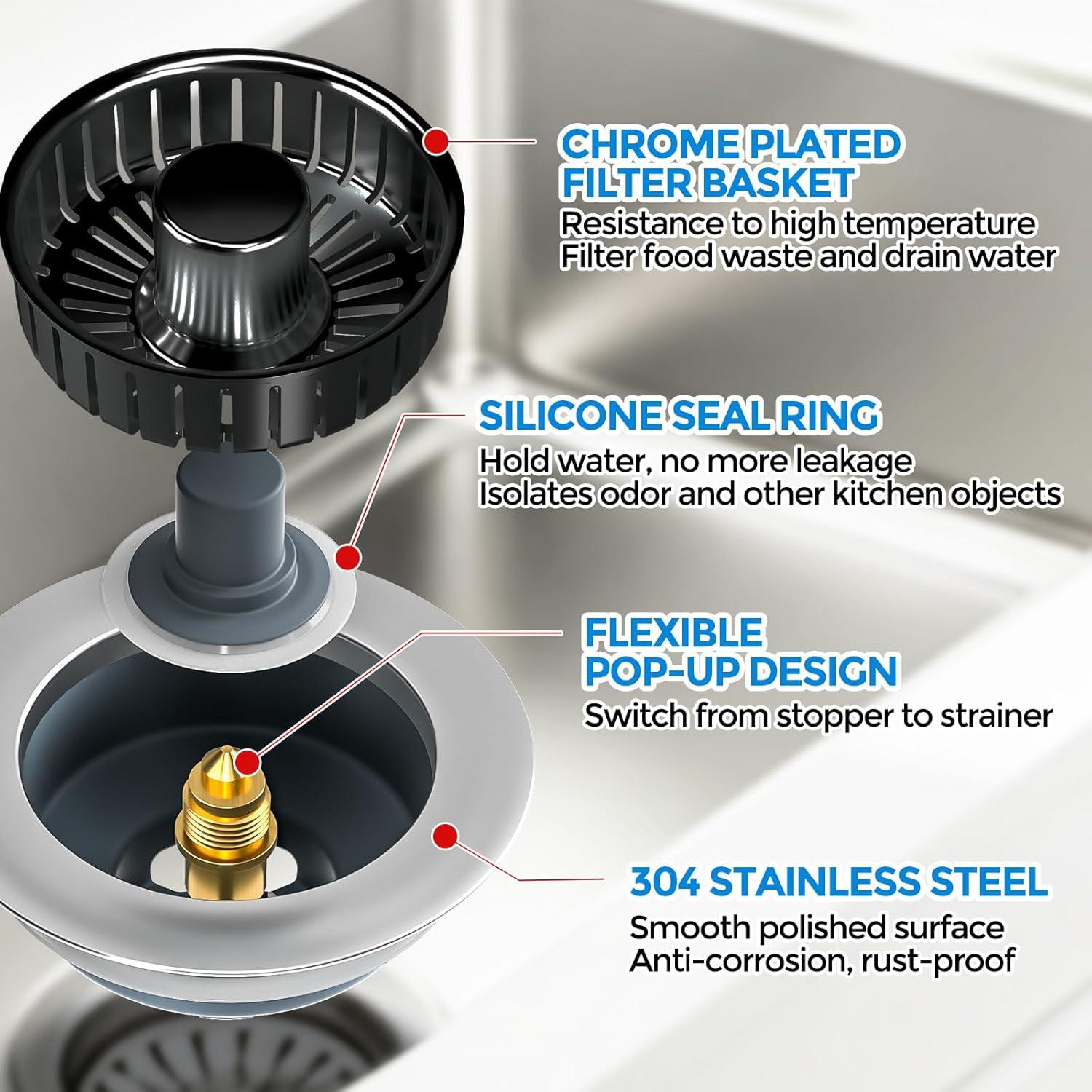 image:imagezaa Sink Drain Strainer 3 in 1 Kitchen Sink Stopper Stainless Steel Kitchen Drain Plug amp Cover with AntiClogging Basket Strainer Fit US Standard 312 Sink Drain Hole Brushed BlackBrushed Black
