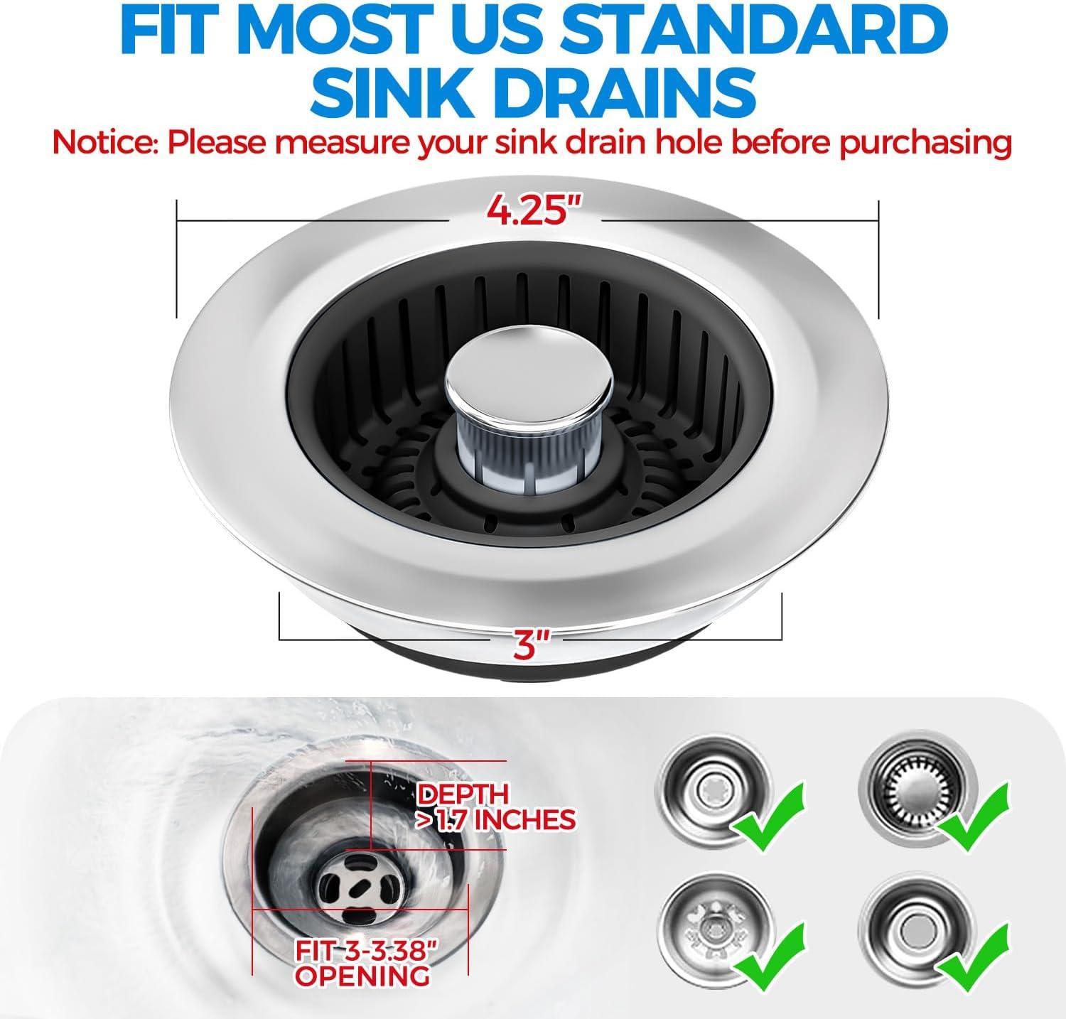 image:imagezaa Sink Drain Strainer 3 in 1 Kitchen Sink Stopper Stainless Steel Kitchen Drain Plug amp Cover with AntiClogging Basket Strainer Fit US Standard 312 Sink Drain Hole Brushed BlackBlack Black