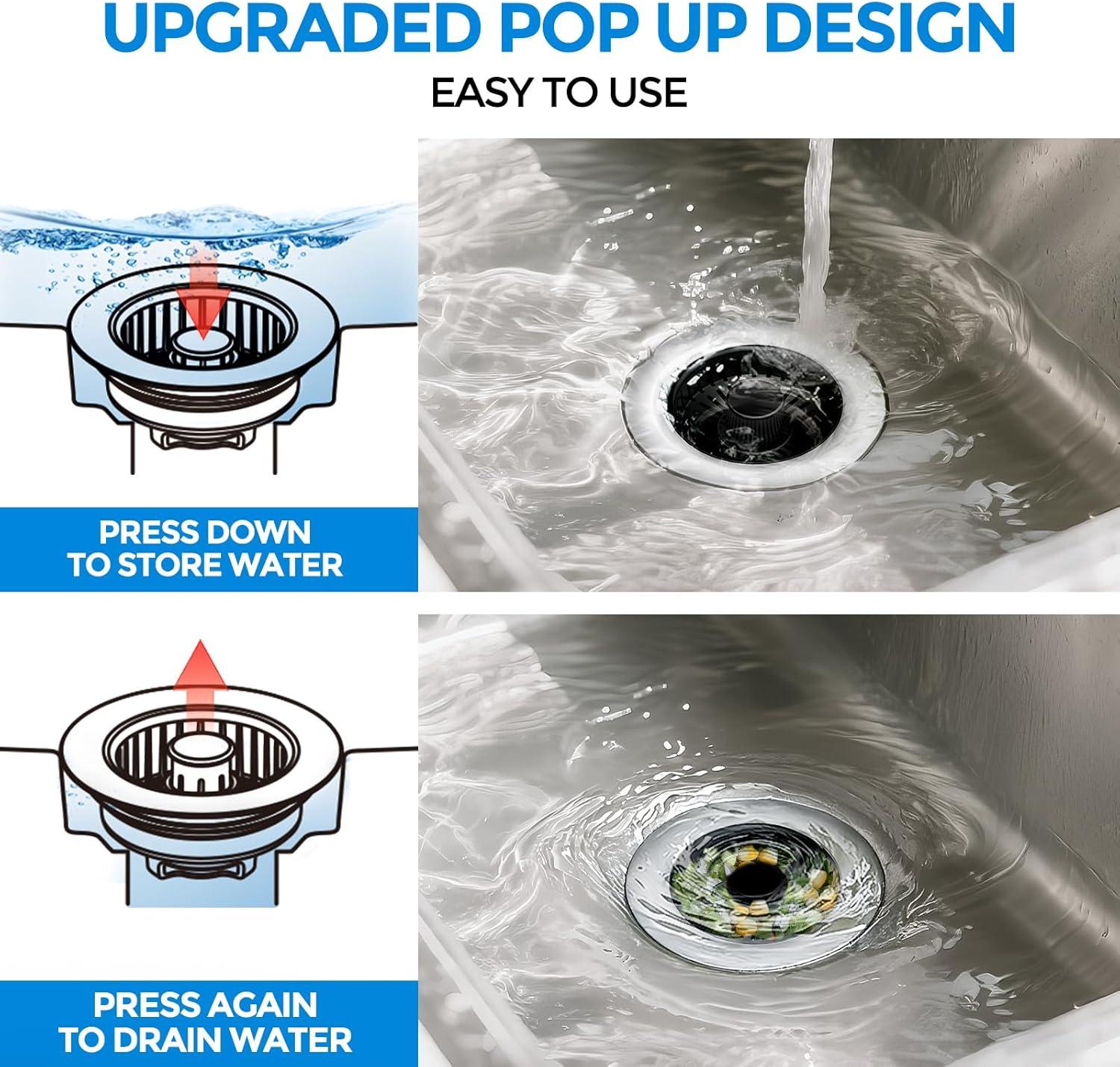 image:imagezaa Sink Drain Strainer 3 in 1 Kitchen Sink Stopper Stainless Steel Kitchen Drain Plug amp Cover with AntiClogging Basket Strainer Fit US Standard 312 Sink Drain Hole Brushed BlackBrushed Black