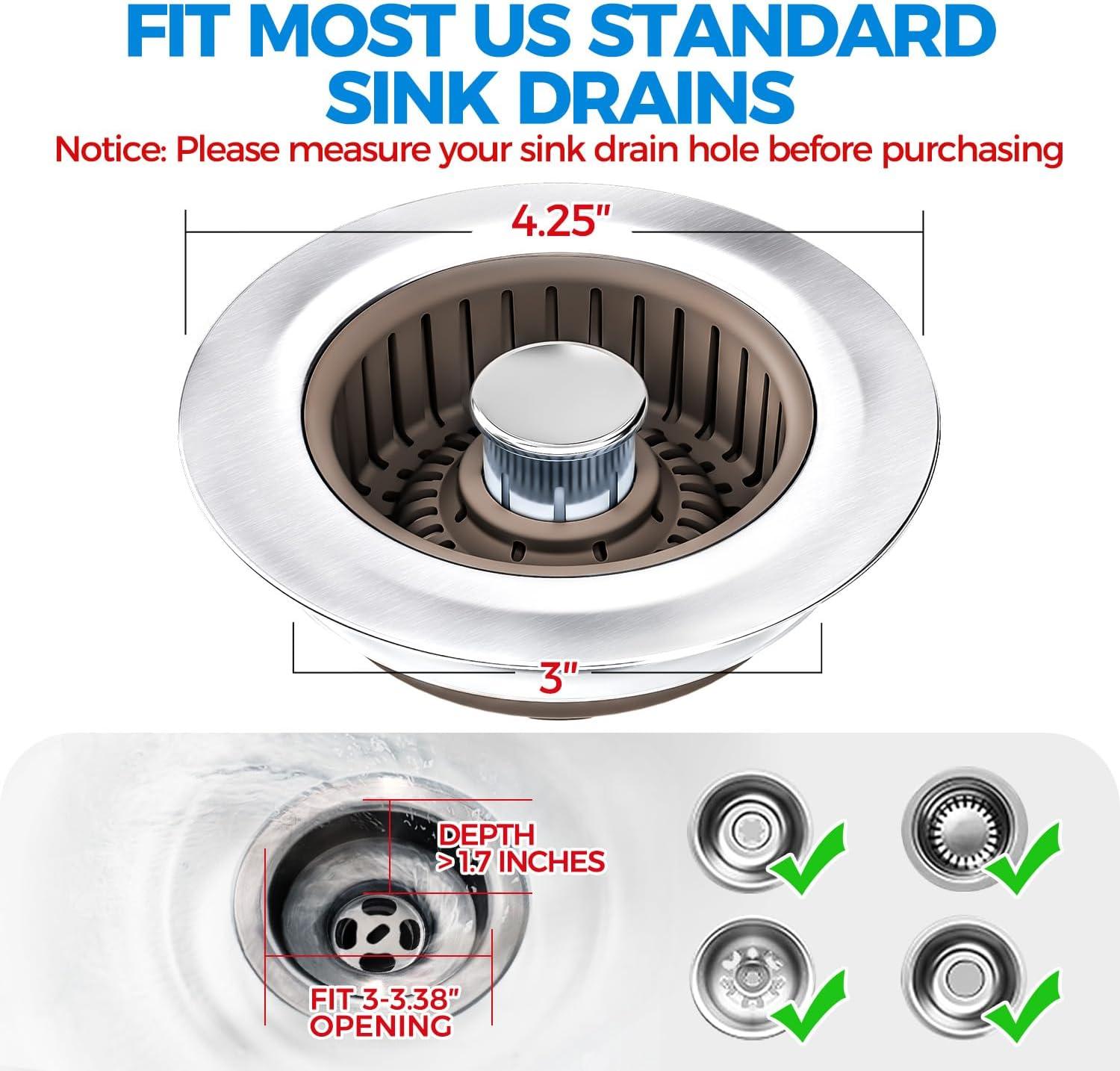 image:imagezaa Sink Drain Strainer 3 in 1 Kitchen Sink Stopper Stainless Steel Kitchen Drain Plug amp Cover with AntiClogging Basket Strainer Fit US Standard 312 Sink Drain Hole Brushed BlackBrown