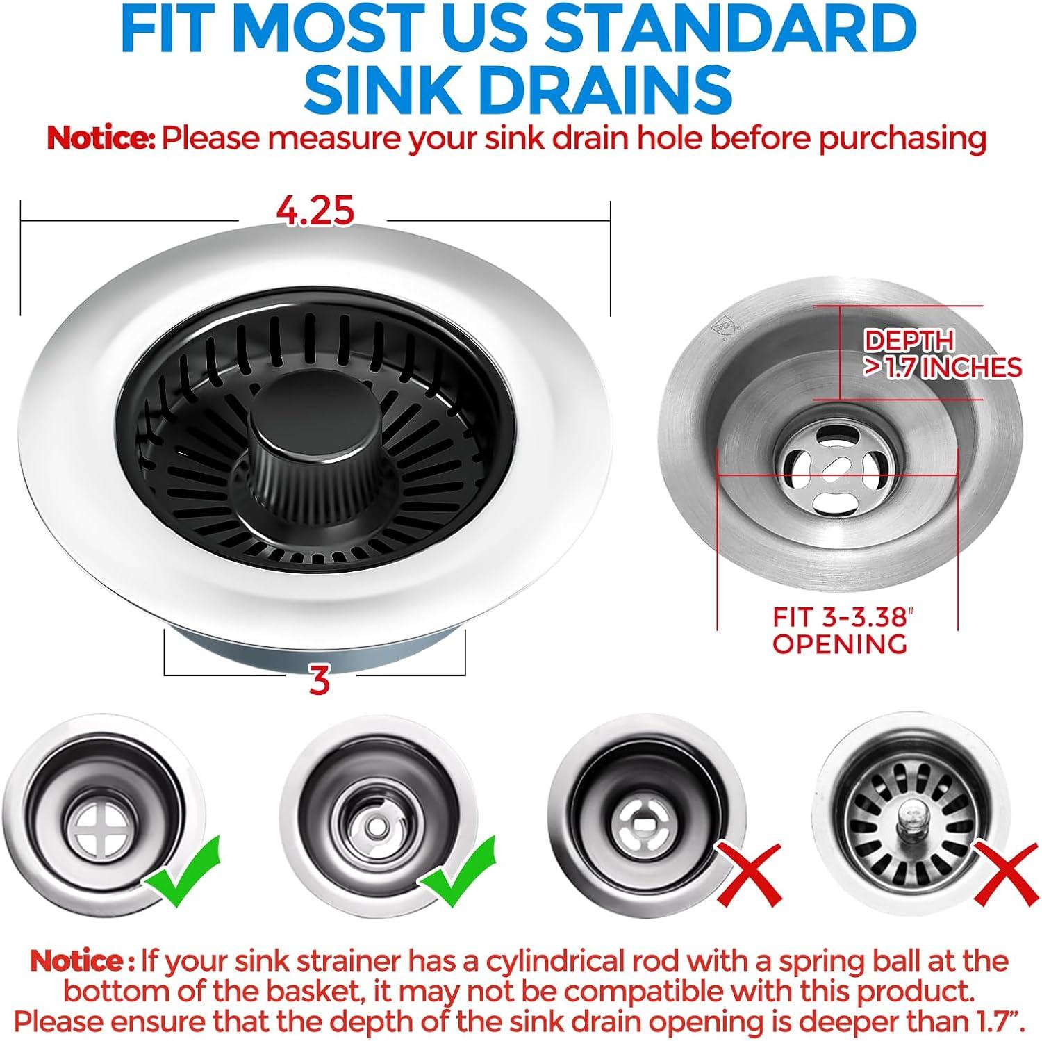 image:imagezaa Sink Drain Strainer 3 in 1 Kitchen Sink Stopper Stainless Steel Kitchen Drain Plug amp Cover with AntiClogging Basket Strainer Fit US Standard 312 Sink Drain Hole Brushed BlackBrushed Black
