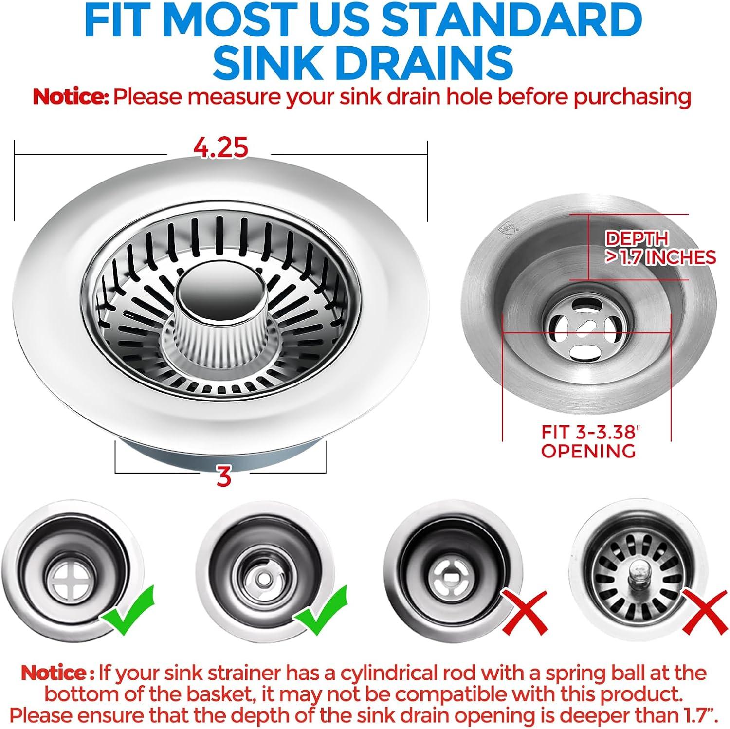 image:imagezaa Sink Drain Strainer 3 in 1 Kitchen Sink Stopper Stainless Steel Kitchen Drain Plug amp Cover with AntiClogging Basket Strainer Fit US Standard 312 Sink Drain Hole Brushed BlackChrome Silver