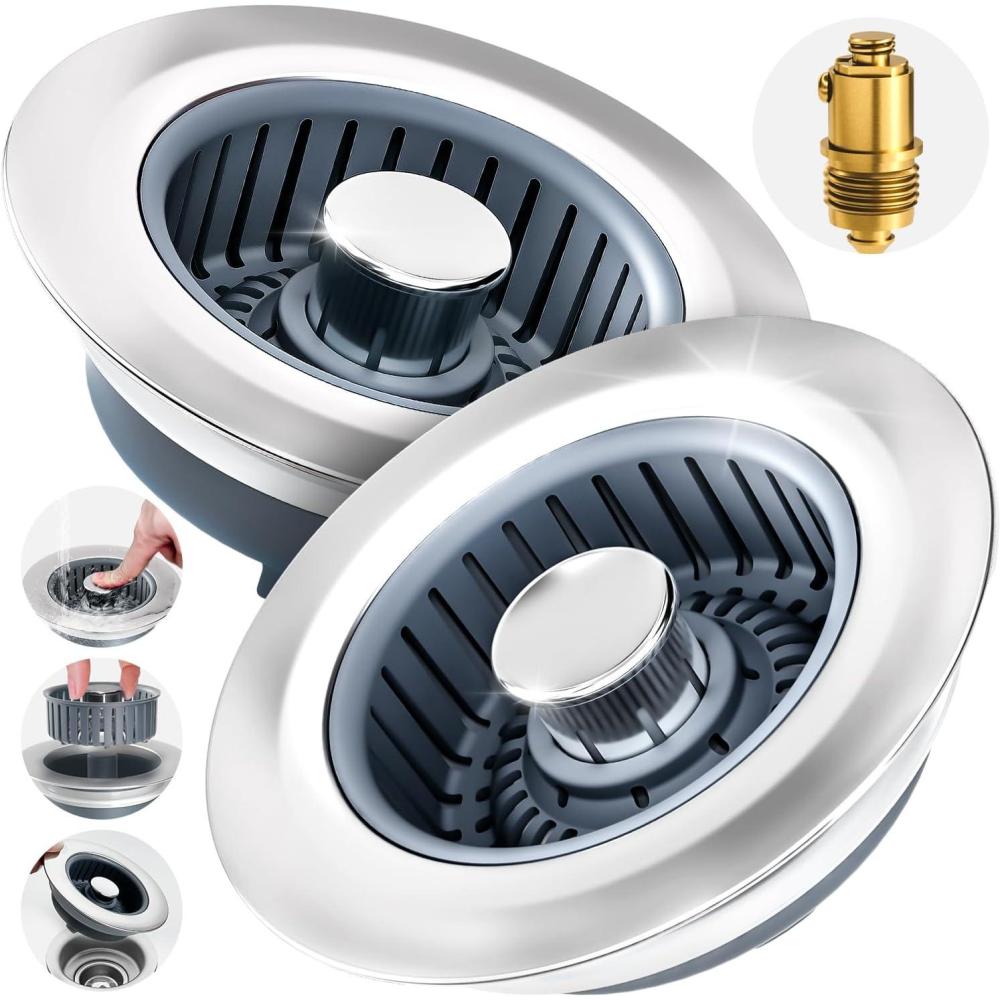 image:imagezaa 2 Pack Sink Drain Strainer Sink Stopper 3 in 1 Stainless Steel Kitchen Sink Drain Strainer with AntiClogging Basket Fit US Standard 312 Inch Drain Hole