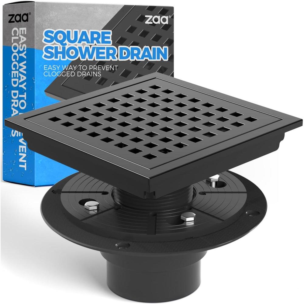 image:imagezaa 6 Inch Square Shower Drain Bathroom Floor Drain 304 Stainless Steel Shower Floor Drain Kit with Flange Removable Shower Drain Grate with Hair Strainer BlackBlack