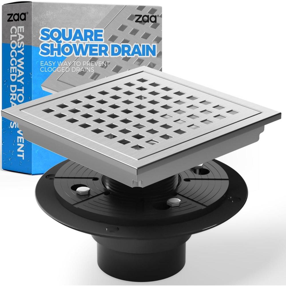 image:imagezaa 6 Inch Square Shower Drain Bathroom Floor Drain 304 Stainless Steel Shower Floor Drain Kit with Flange Removable Shower Drain Grate with Hair Strainer BlackSilver