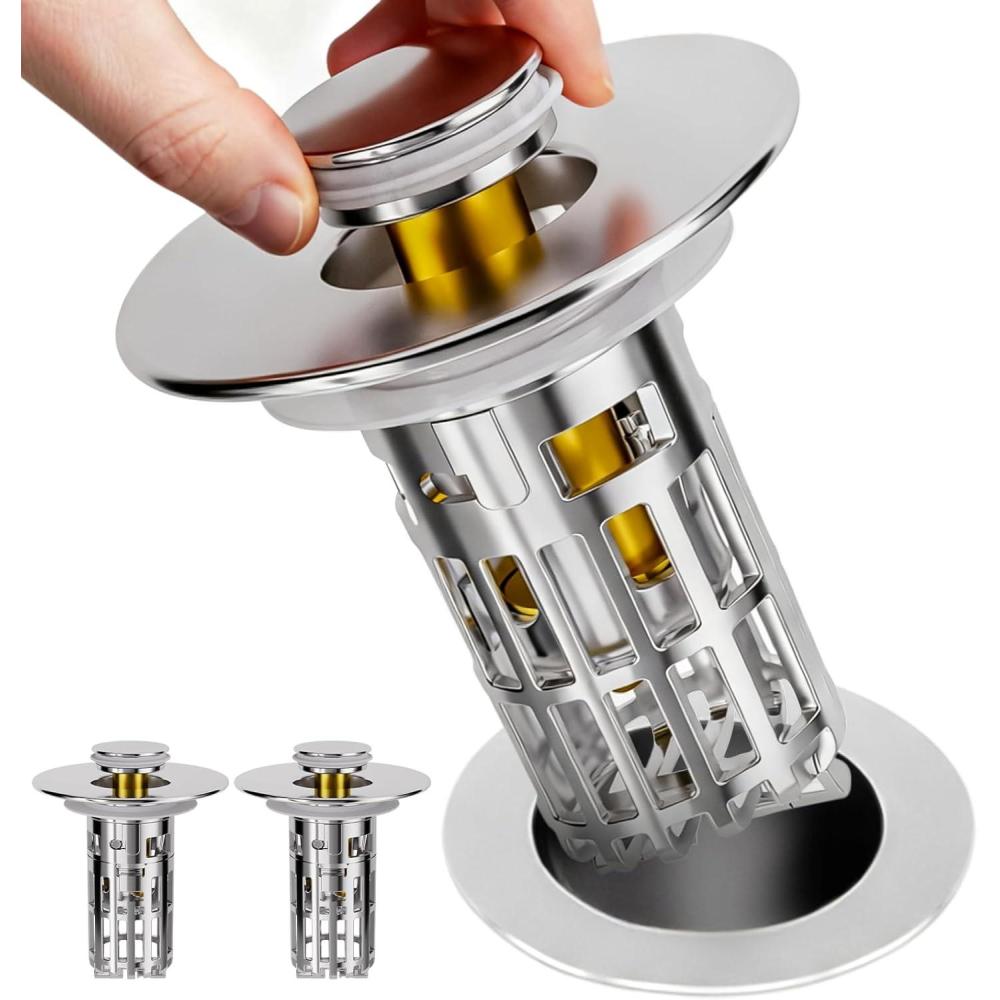 image:imagezaa Bathroom Sink Stopper 2Pack Bathroom Sink Drain StrainerPop Up Bathroom Drain Stopper with AntiClogging Filter Basketfor 105165 in USStandard Basin Drain HolesSilverSilver Bathroom Sink Stopper