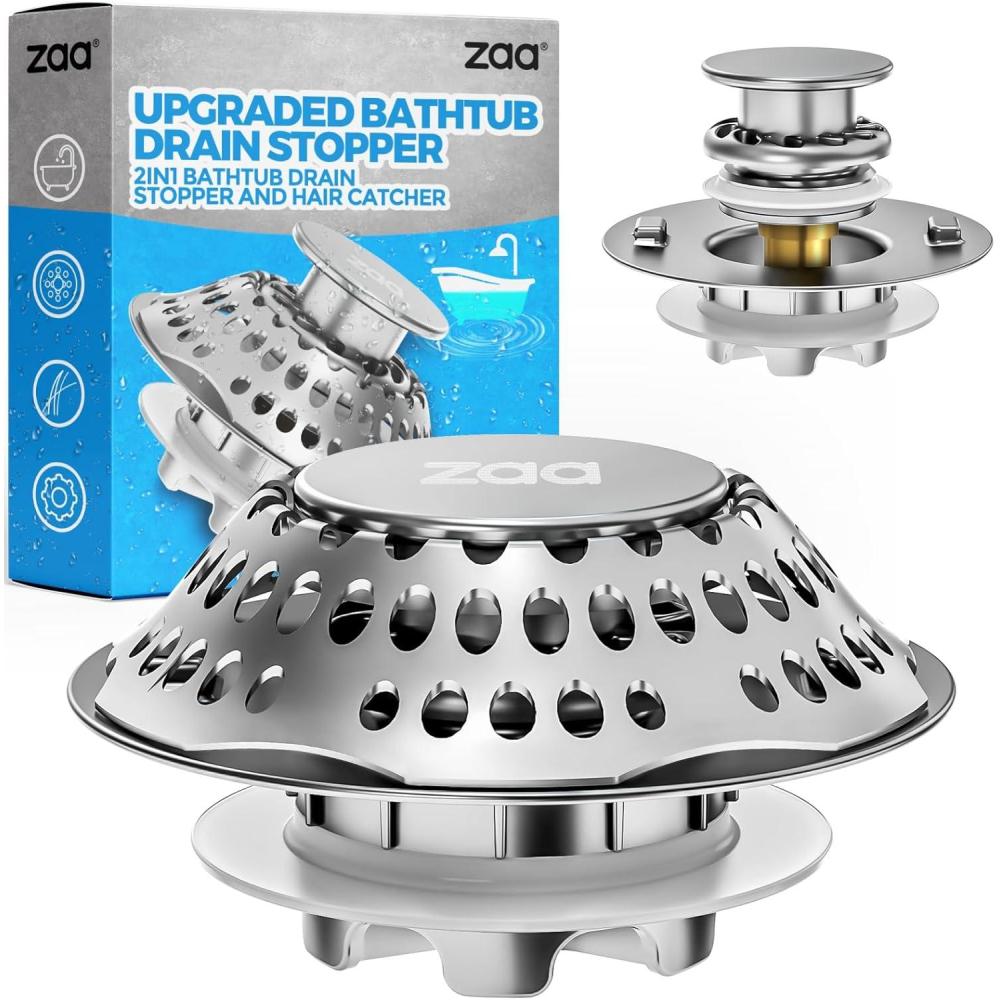 image:imagezaa Bathtub Drain Stopper Upgraded 2in1 Tub Stopper Bathtub Drain Cover and Hair Catcher Pop Up Bathtub Drain Plug Replaces Lift amp Turn TipToe or Trip Lever for 1462 W Drain Hole SilverSilver